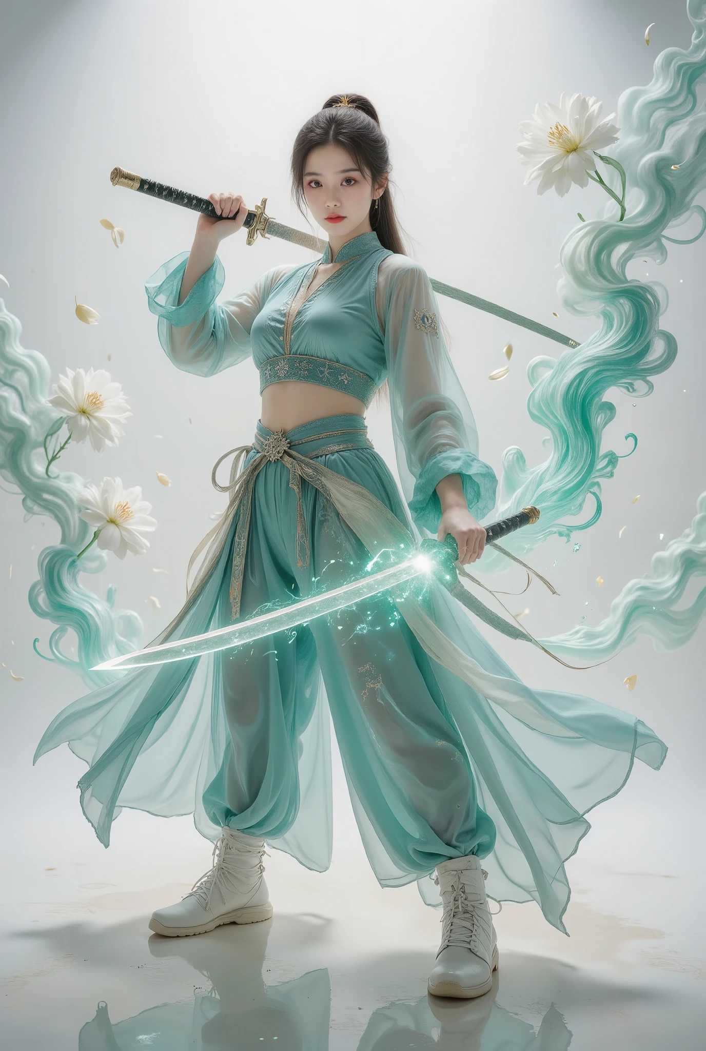 Female swordsman Jade Fractal photography，Atomic Correct,Raw, Lenses, (Clear focus:1.5), (Reality:1.4), Dusk lighting, Volumetric Lighting, Ultra-high resolution, 16K,Dramatic Lighting, White background：1.5），Glowing sword,(fighting stance),Hold the sword hilt tightly in your hand，1 sword，Solitary，（Zentangle，Mandala，Tangles，Entanglement：0.7） , Depth of Field, Dreamy atmosphere, The most beautiful form of chaos, grace, Brutalist design dark theme, Flower of Death, Flowers of ecstasy，glowing line,Glow Example，Tracking example，flash， Backlight，translucent，Light Particles，exit，xianxia