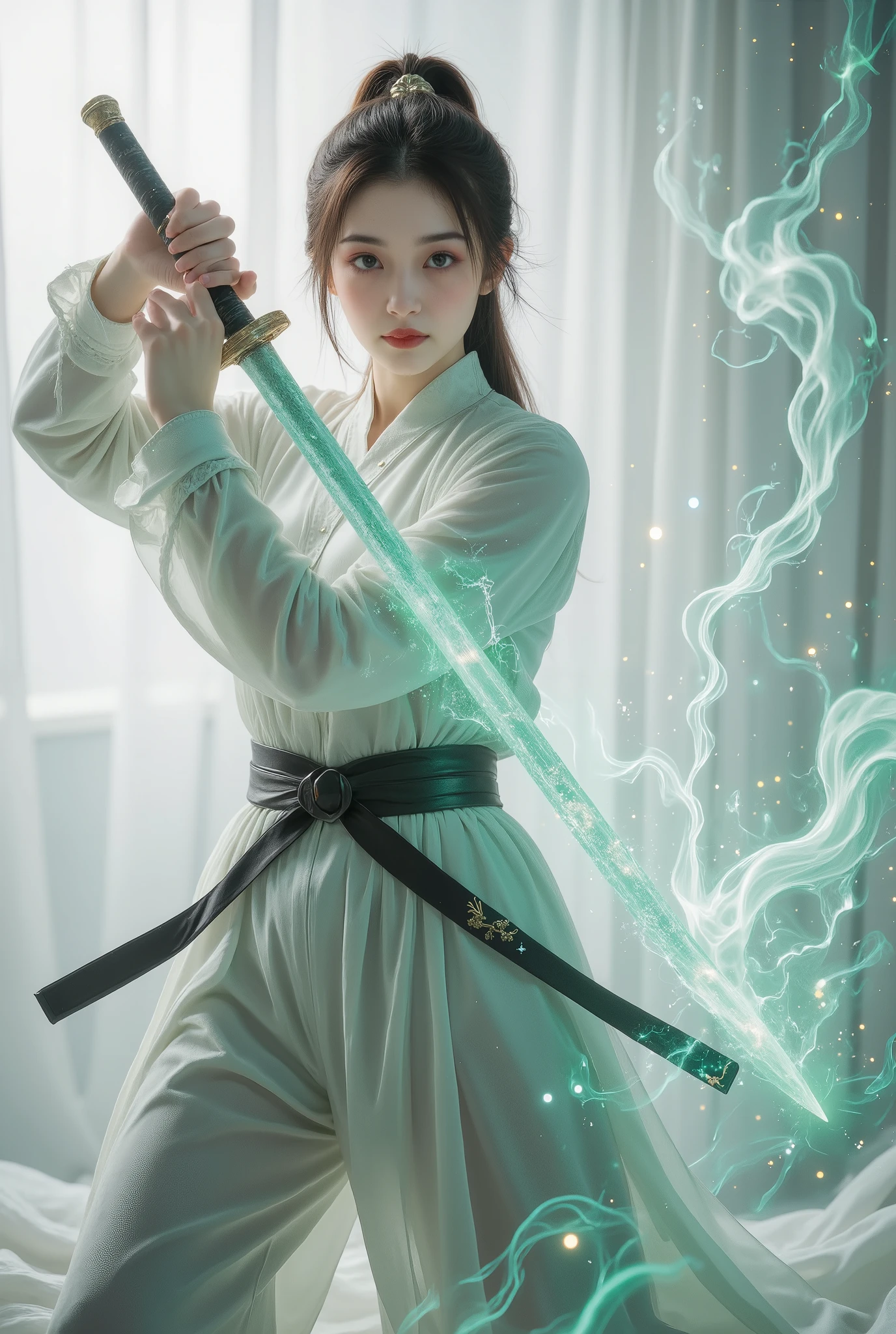 Female swordsman Jade Fractal photography，Atomic Correct,Raw, Lenses, (Clear focus:1.5), (Reality:1.4), Dusk lighting, Volumetric Lighting, Ultra-high resolution, 16K,Dramatic Lighting, White background：1.5），Glowing sword,(fighting stance),Hold the sword hilt tightly in your hand，1 sword，Solitary，（Zentangle，Mandala，Tangles，Entanglement：0.7） , Depth of Field, Dreamy atmosphere, The most beautiful form of chaos, grace, Brutalist design dark theme, Flower of Death, Flowers of ecstasy，glowing line,Glow Example，Tracking example，flash， Backlight，translucent，Light Particles，exit，xianxia