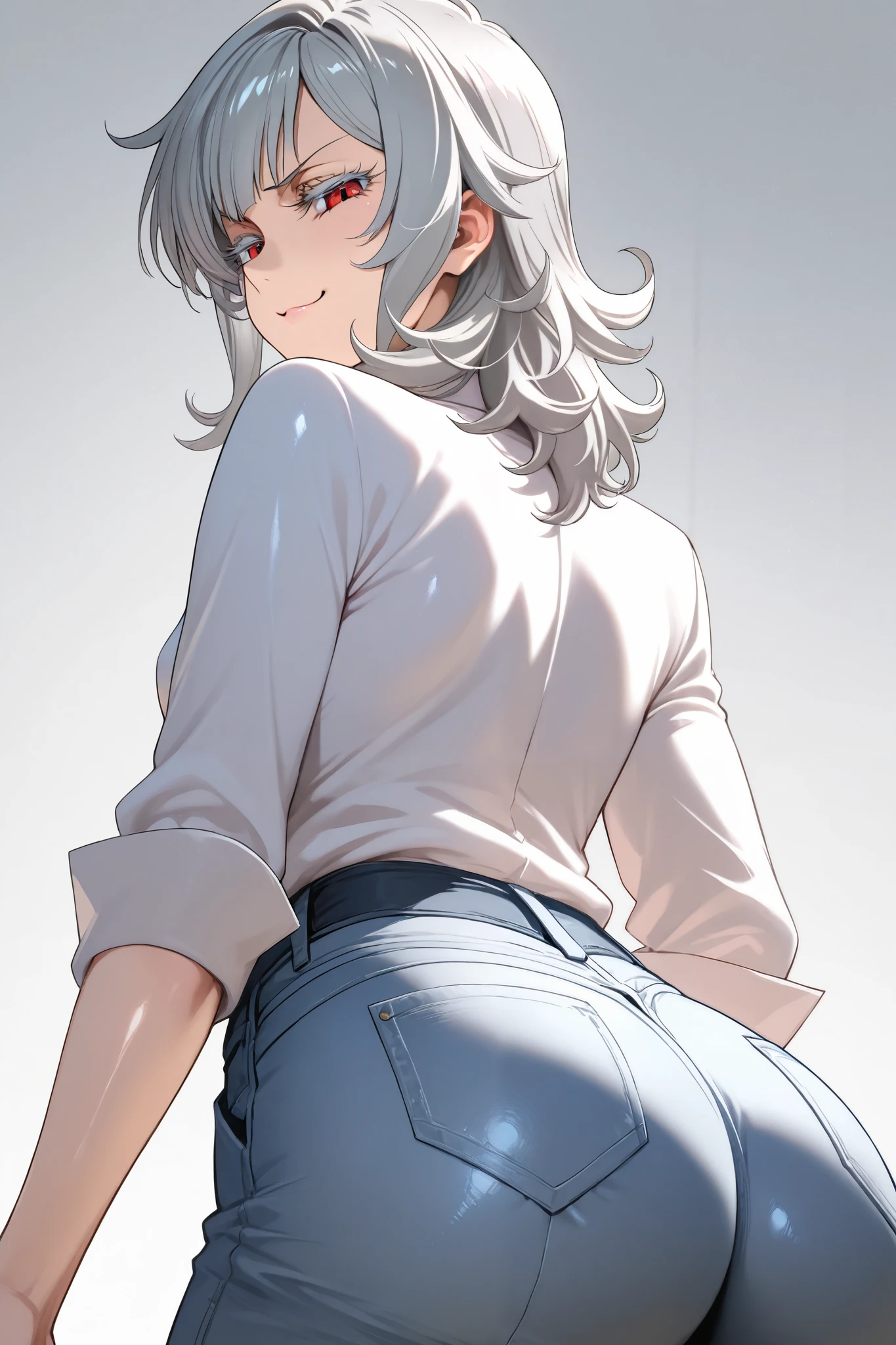 Kimishima Ikuto、17 years old、（1:boy)、(Hairstyle:Silver short hair,Silver Hair、Wet Hair)、Slanted Eyes、Brown eyes、Perfect Anatomy、(Landscape),hands on knees、Leaning forward、Ass、Smiling at the viewer、Provocative smile