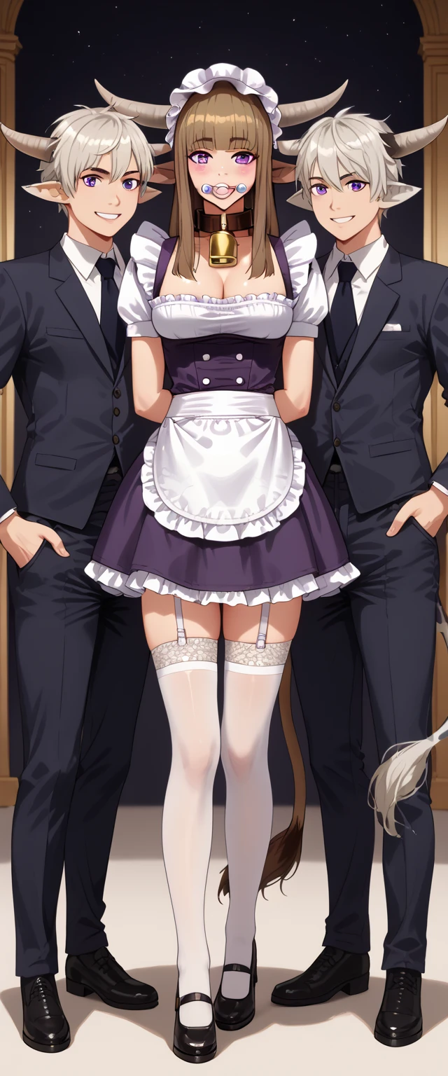 Full body image of two characters, standing, a woman, with a black maid outfit with a black skirt and white tights with clasps on the skirt wearing a maid headdress, extremely sexy, exaggeratedly large breasts and exhibitioniata with tight clothing on the body, a very tall man with wrinkled skin and a long white beard with a black and taped suit, he is holding her from behind tightly by the waist,((she has black hair and blue eyes)), he has his hand on the wall, they are in the entrance from the bathroom you can see the shower open with hot water and steam coming out of the door, they are looking at the viewer, she is smiling, he is angr, anime, Realism, UHD, 16k, masterpiece, high details, best quality, anatomically correct, 16k, best quality, high details, masterpiece, UHD