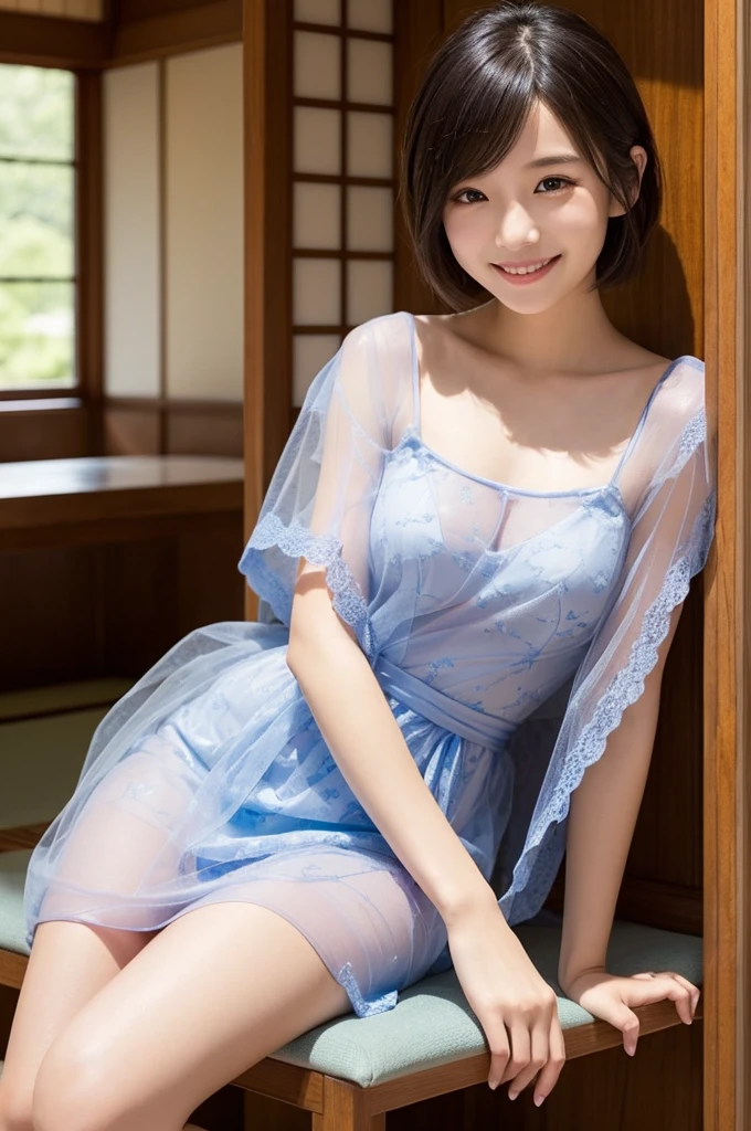 Ulchan-6500-v1.1, (RAW photo:1.2), (Photoreal), beautiful detailed girl, (See-through:1.3), (genuine: 1.4), very detailed目と顔, beautiful and fine eyes, elegant long dress、sitting on the bench、huge file size, High resolution, very detailed, highest quality, [masterpiece:1.6], enlightenment, very detailed, nffsw, finely, highest quality, 8k wallpaper, movie lighting, 1 girl, 17 years old, perfect body shape, Cute droopy eyes、beautiful big eyes、 ((muste piece)), highest quality, 1 girl, eye shadow, Upper body, portrait, ((full body shot:1.4))、(very affectionate smile:1.2)