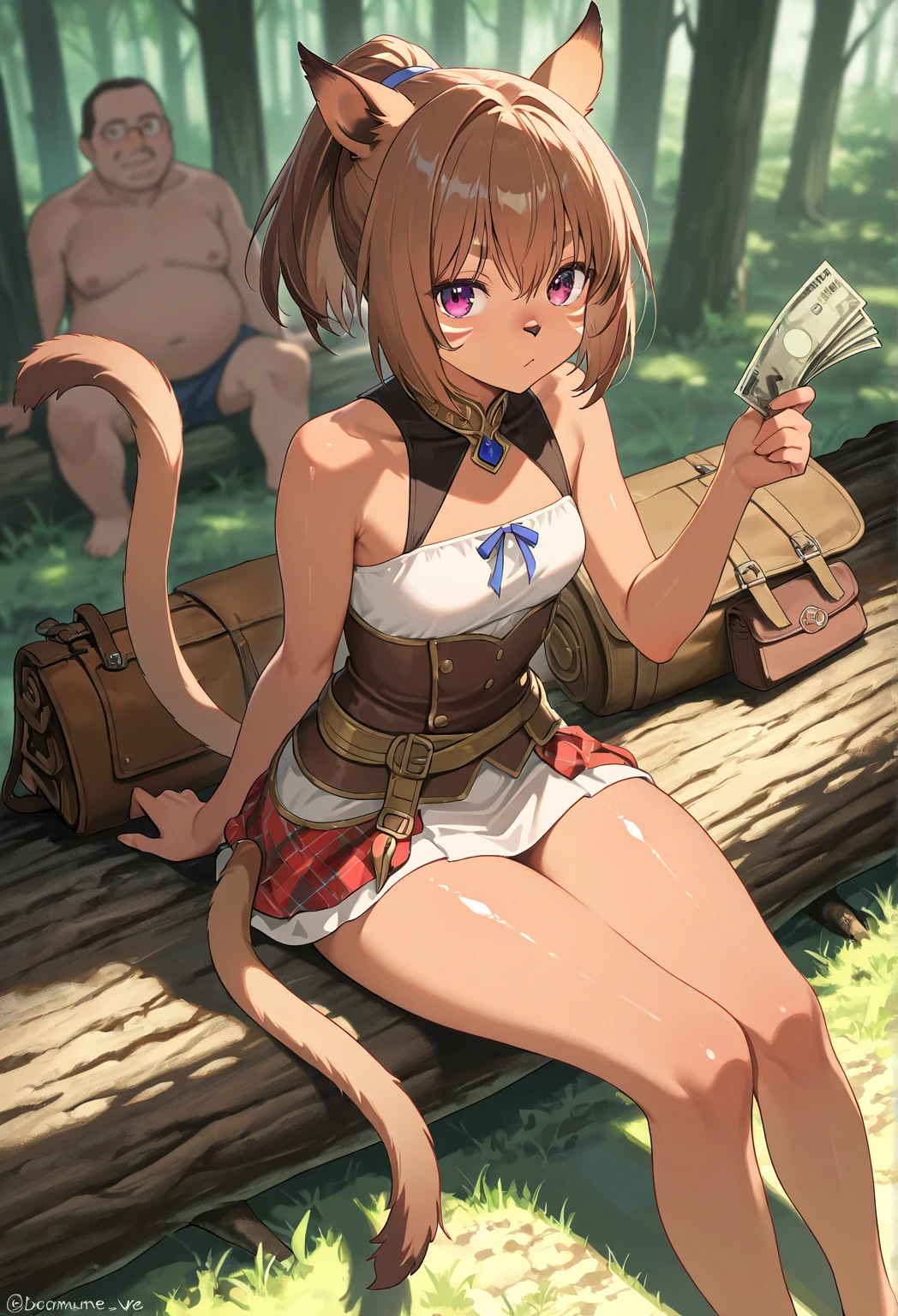 (tiny adventurer on the ground below the closeup breasts and face of a giantess: 1.1), (a giantess looking down at tiny adventurers on the ground), (foreshortening: 1.1), big breasts, big eyes, (adventurers dungeon: 1.1), (closeup breasts and face), sitting on the ground, (barefoot: 1.2), (closeup foot: 1.5), sole of foot, (fluffy ears), (catgirl), (closeup of hand and sharp nails: 1.2), forest, jungle clothing