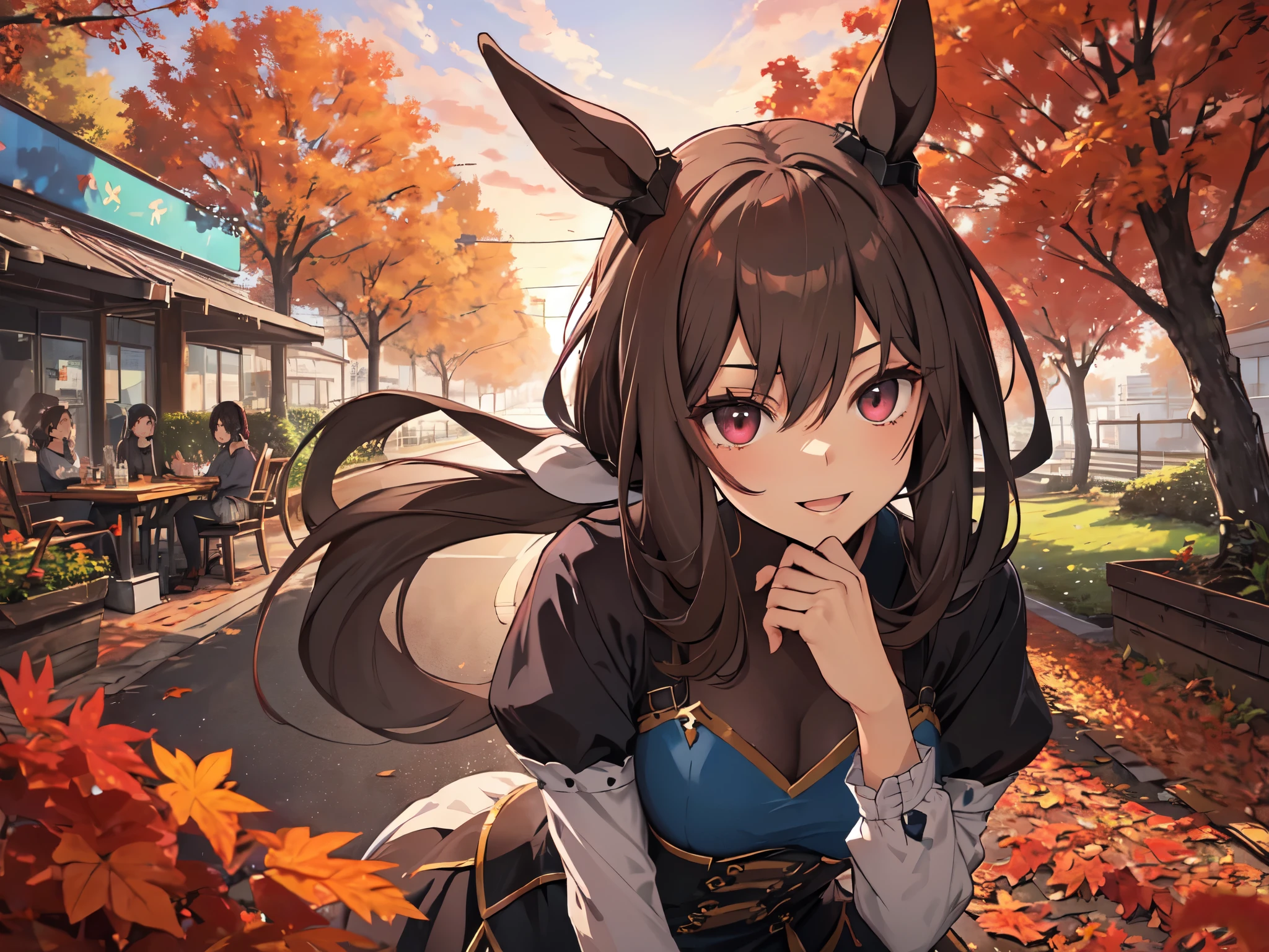 (((Solo, girl with horse ears, ninja outfit, hands on hips, looming, leaning forward, sideways, open mouthed seductive smile, black hair, long hair, hair tousled in the wind, carpet of dead leaves, autumn foliage, red sky, detailed body structure, anime style, masterpiece, best quality, highest resolution, focus on breasts, close up of upper body, intended portrait)))