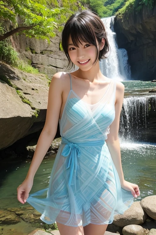a beautiful young woman, linda, 20 years old, posing for a photo by a waterfall lake, emerging from the water, smiling, wearing a short wet dress revealing her gorgeous figure, detailed facial features, highly detailed, 8k, photorealistic, masterpiece, professional photography, natural lighting, dynamic pose, serene landscape, lush vegetation, sparkling water, dramatic waterfall