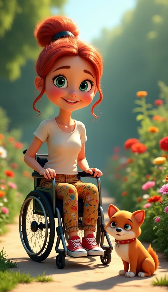 Create a cartoon of a smiling woman in a wheelchair with green eyes and ...