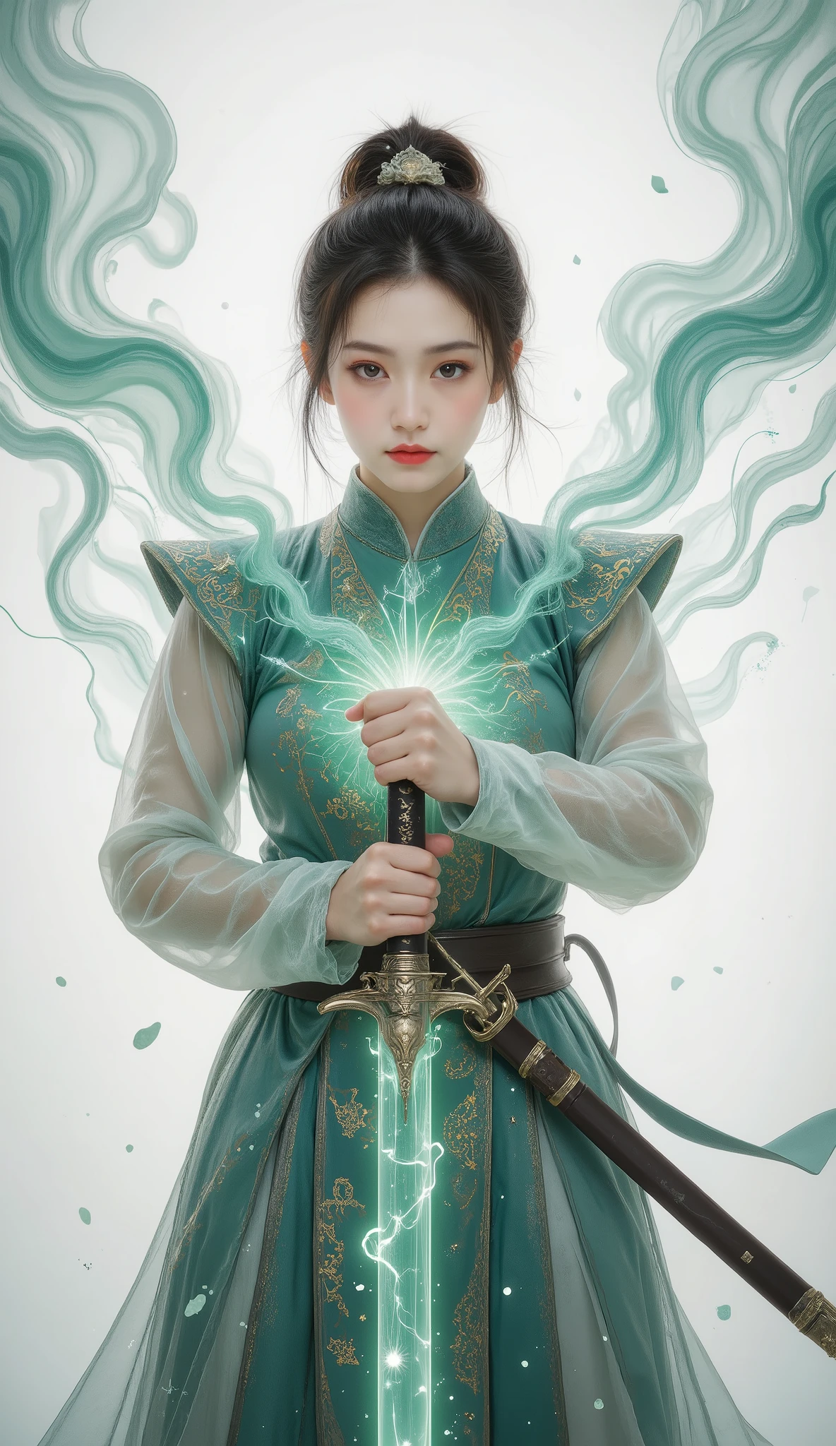 Female swordsman Jade Fractal photography,Atomic Correct,Raw, Lenses, (Clear focus:1.5), (Reality:1.4), Dusk lighting, Volumetric Lighting, Ultra-high resolution, 16K,Dramatic Lighting, White background:1.5),Glowing sword,(fighting stance),Hold the sword hilt tightly in your hand,1 sword,Solitary,(Zentangle,Mandala,Tangles,Entanglement:0.7) , Depth of Field, Dreamy atmosphere, The most beautiful form of chaos, grace, Brutalist design dark theme, Flower of Death, Flowers of ecstasy,glowing line,Glow Example,Tracking example,flash, Backlight,translucent,Light Particles,exit,xianxia