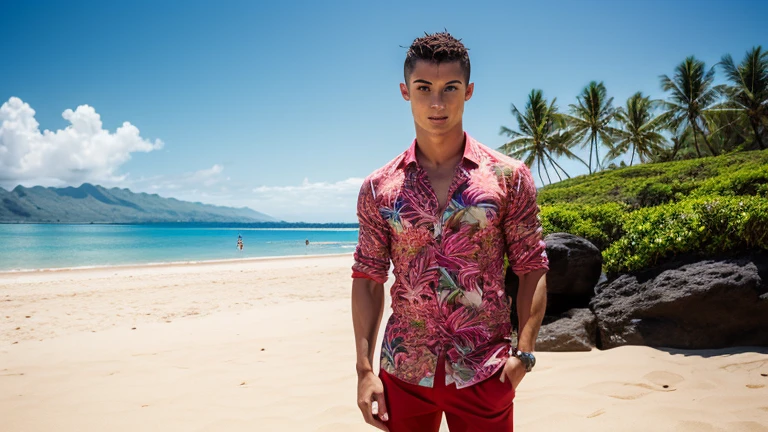 A handsome young man with a beautiful, thin, white face, fair and smooth skin, shirtless, wearing a pink swimsuit, short black hair, on a catwalk at a men's beach party, holding a beach ball in his hand, the audience applauding and celebrating with bubbles. A tall, thin, white, shirtless man.
