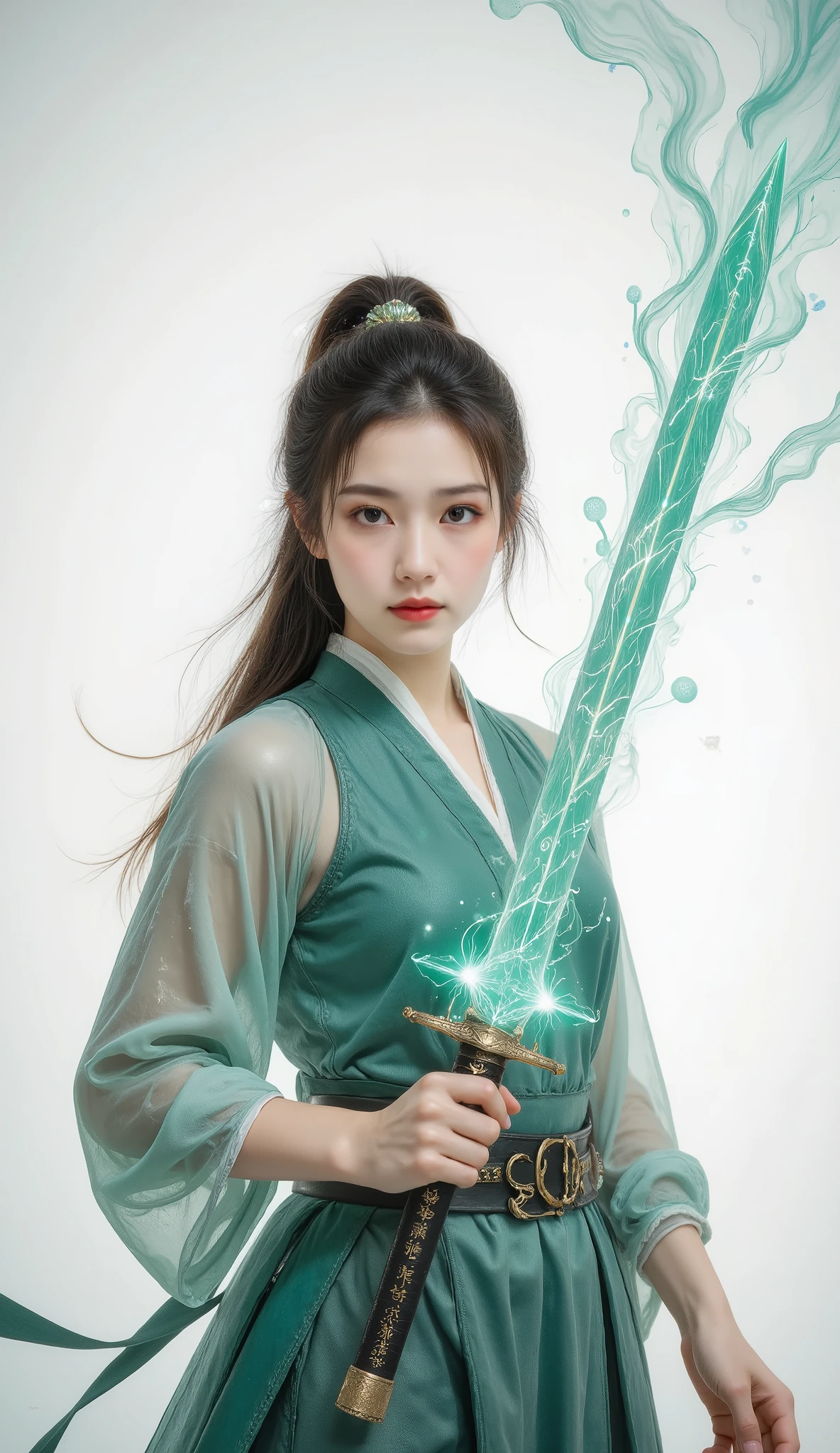 Female swordsman Jade Fractal photography,Atomic Correct,Raw, Lenses, (Clear focus:1.5), (Reality:1.4), Dusk lighting, Volumetric Lighting, Ultra-high resolution, 16K,Dramatic Lighting, White background:1.5),Glowing sword,(fighting stance),Hold the sword hilt tightly in your hand,1 sword,Solitary,(Zentangle,Mandala,Tangles,Entanglement:0.7) , Depth of Field, Dreamy atmosphere, The most beautiful form of chaos, grace, Brutalist design dark theme, Flower of Death, Flowers of ecstasy,glowing line,Glow Example,Tracking example,flash, Backlight,translucent,Light Particles,exit,xianxia