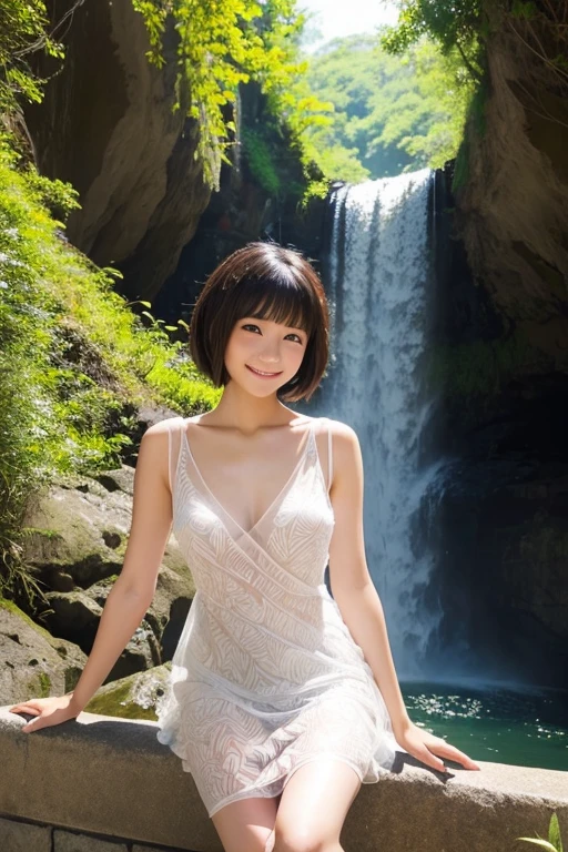 ((Highest quality)), ((masterpiece)), (detailed),Japanese,11 years old,Girl,nude,(Blue Eyes),smile,jungle,waterfall,Bathing,Small breasts,,Bob Hair,(Upper Body),