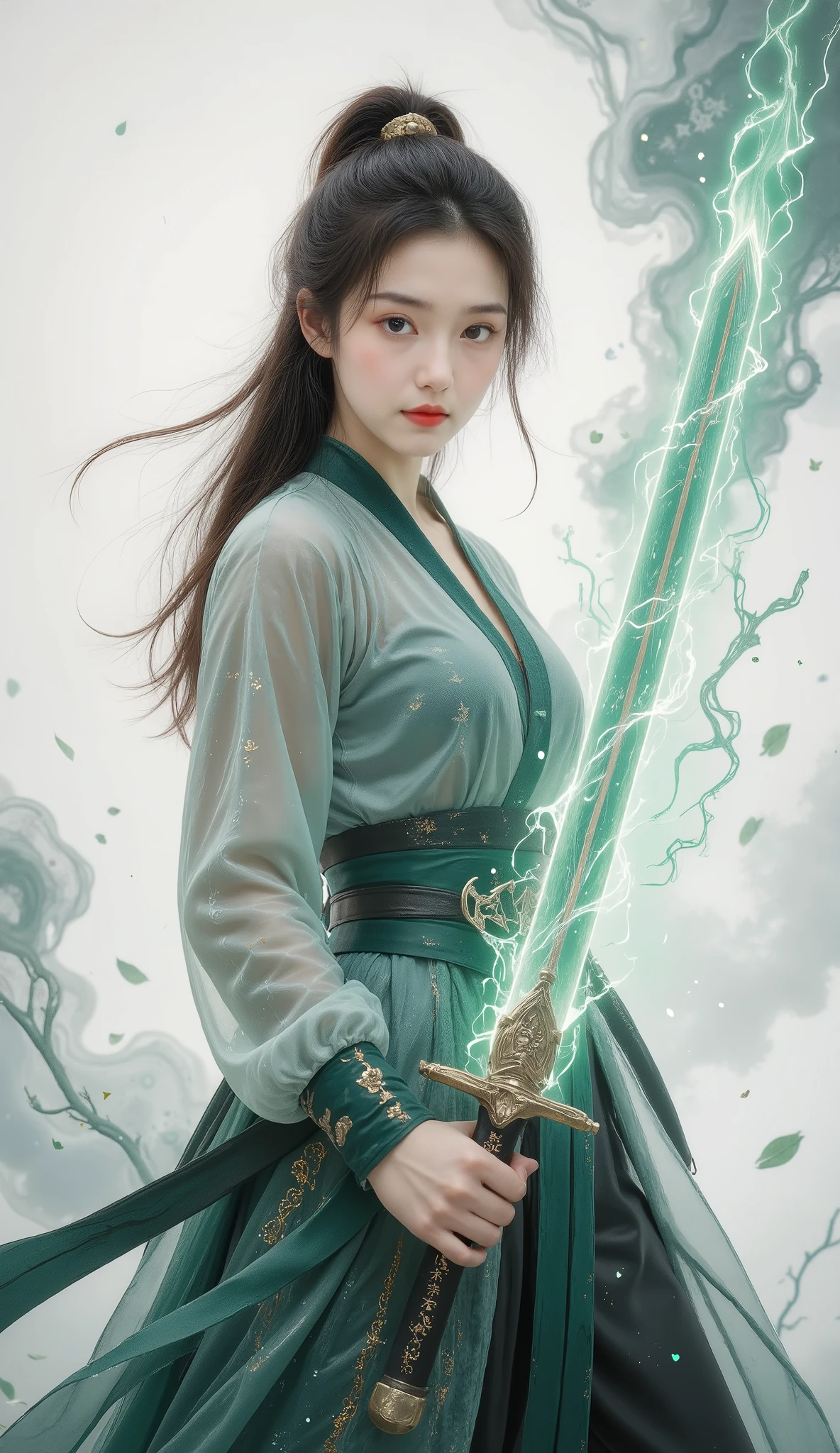 Female swordsman Jade Fractal photography,Atomic Correct,Raw, Lenses, (Clear focus:1.5), (Reality:1.4), Dusk lighting, Volumetric Lighting, Ultra-high resolution, 16K,Dramatic Lighting, White background:1.5),Glowing sword,(fighting stance),Hold the sword hilt tightly in your hand,1 sword,Solitary,(Zentangle,Mandala,Tangles,Entanglement:0.7) , Depth of Field, Dreamy atmosphere, The most beautiful form of chaos, grace, Brutalist design dark theme, Flower of Death, Flowers of ecstasy,glowing line,Glow Example,Tracking example,flash, Backlight,translucent,Light Particles,exit,xianxia