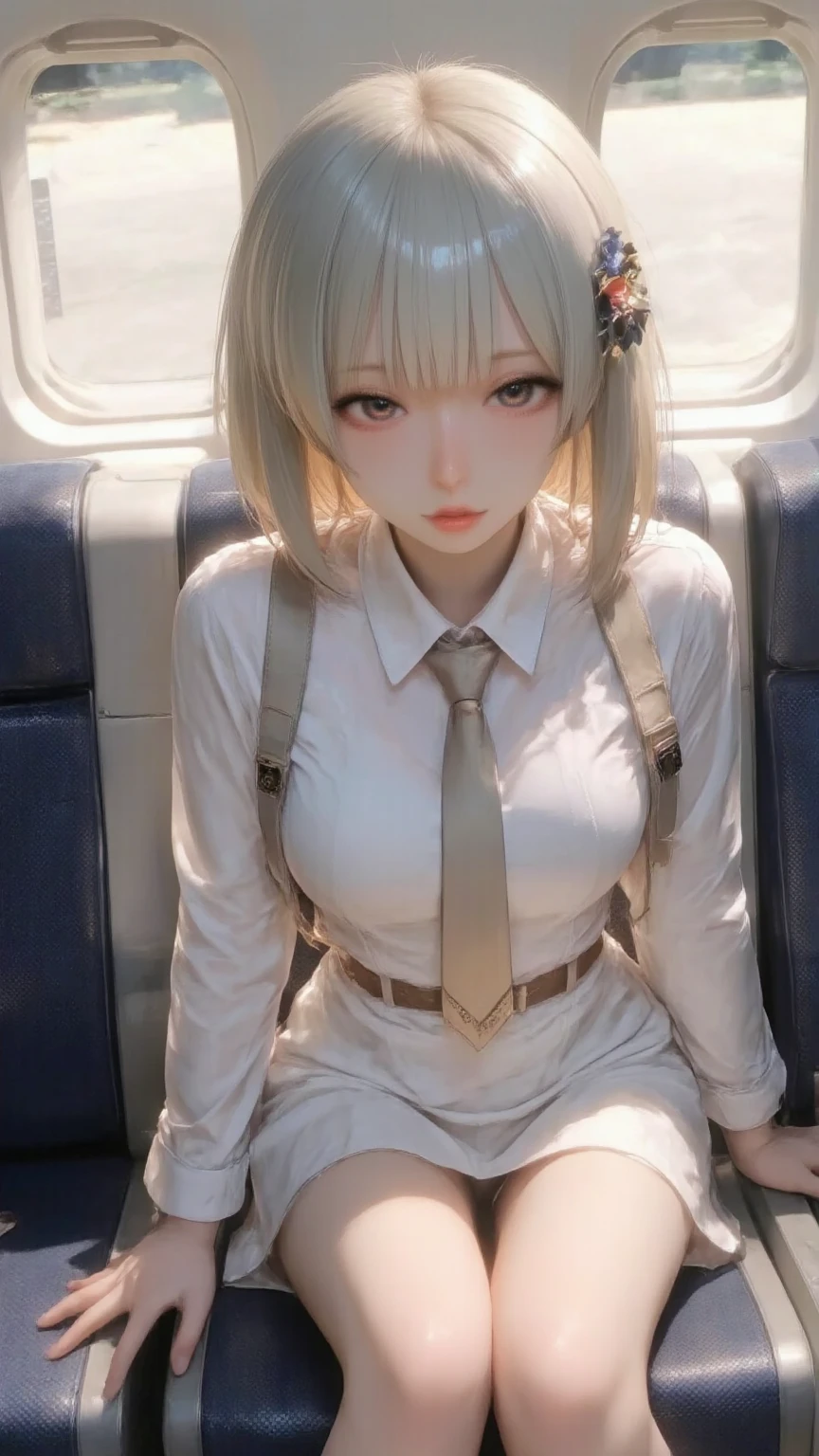 (masterpiece: 1.3), (Maximum resolution: 1.2), (Ultra HD TV: 1.2), Cinematic Light, 8K resolution, Detailed facial features , (Sharp focus: 1.2）, (Focus on the face:1.2),Perfect Style, Beautiful Face, Acura, Anatomically correct, Highly detailed face and skin quality感, Beautiful Eyes,ThroughｋBright Eyes,  Natural Cheeks, Glowing Skin,  (Glossy Lips: 1.4),、 (A shameful expression: 1.2),Highly detailed face and skin quality, Natural Cheeks, , Glossy Lips,Exposed cleavage、（White mucus on chest:1.6）（White mucus on thighs:1.6）、 blush、Humiliating、shame、Please open your knees、dissatisfaction、anger、tears、sorrow、Glaring at the camera、Spread your legs、 White underwear、White bra、Sparkly little earrings and necklace、Disheveled clothes、Exposed panties、stockings、Drenched in sweat、Thin underwear、Wet underwear、stockings 、Long Hair、32 years old, Clean woman,1 person、 first class cabin、On the bed(On my back, Lying down in bed, Lying down in bedいる, Lying down, White sheets:1.3)、blonde、Silver Hair、Black brown hair、Blue-gray eyes、Green-gray eyes,(Stewardess Uniform:1.4)、scarf、dissatisfaction、Masturbate、Nipple exposure、Soft Breasts、