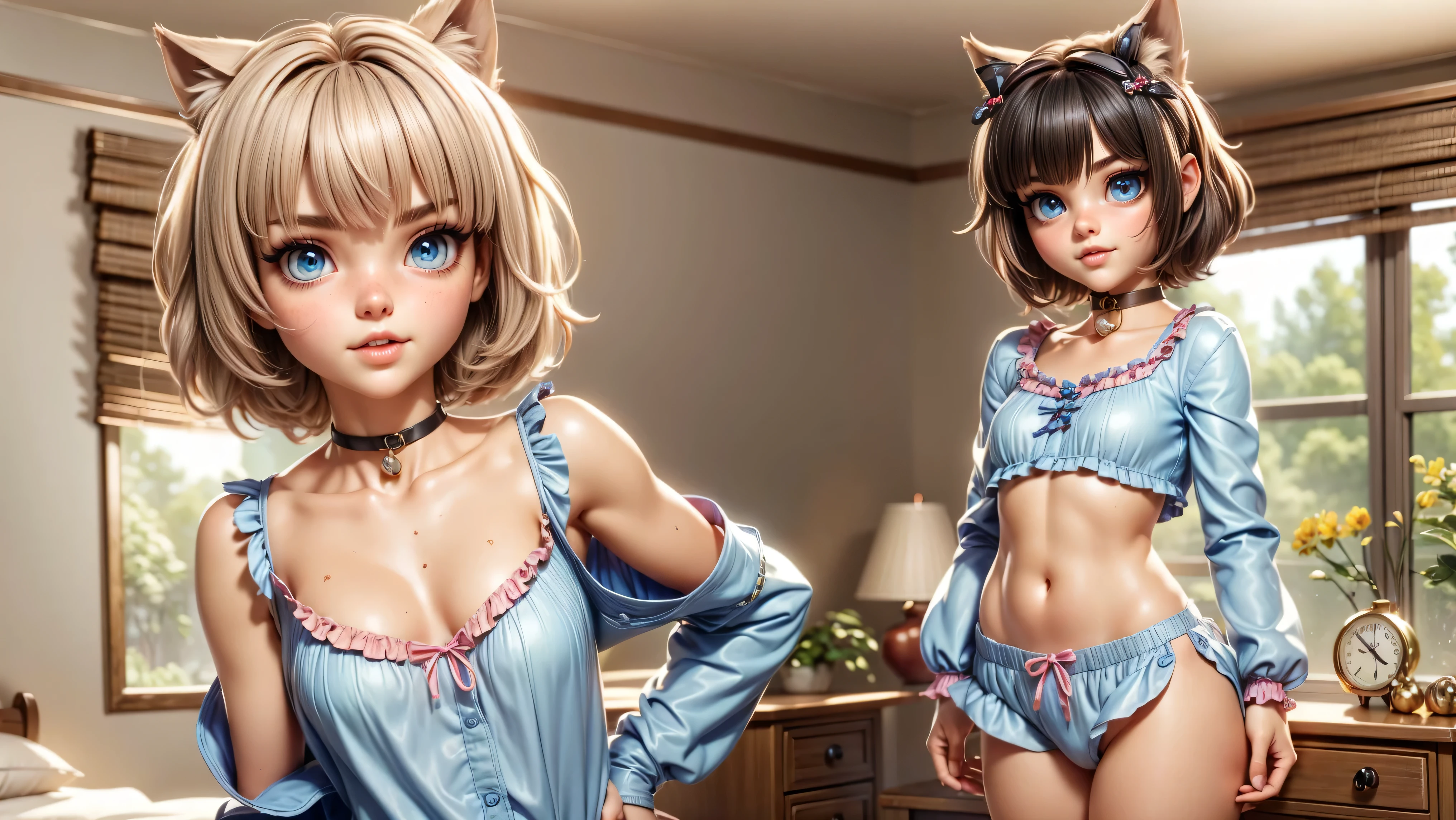 ((1girl, solo)), ((single young girl)), cute girl, (neko), kitten girl, cat ears, ((standing in her pajamas getting ready for bed)), ((skinny, petite)), ((short hair)), ((black hair)), ((streaks in her hair)), ((small top)), midriff, ((pajamas)), underboob, looking at viewer, choker, sexy, skirt low on hips, cowboy shot, (full body portrait), beautiful lips, sexy mouth, ribbon, hair ribbon, bangs, upper body, blue eyed, bangs, ribbon, bedroom background,