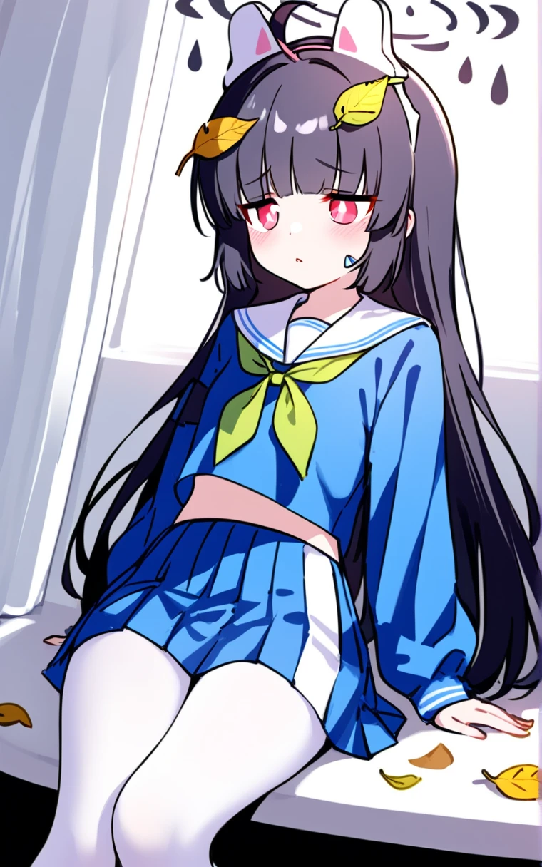 best quality, masterpiece, highres, solo, {miyu_bluearchive:1.15}, black_hair, long_hair, red_eyes, bangs, halo, leaf, blush, ahoge, animal_ears, leaf_on_head, rabbit_ears, serafuku, fake_animal_ears, open_mouth, 1girl, black_gloves, blue_serafuku, blue_skirt, gloves, green_neckerchief, long_sleeves, looking_at_viewer, neckerchief, sailor_collar, school_uniform, shirt, simple_background, skirt, white_sailor_collar, blue_shirt, pleated_skirt, white_background, blunt_bangs, binoculars, pantyhose, white_pantyhose