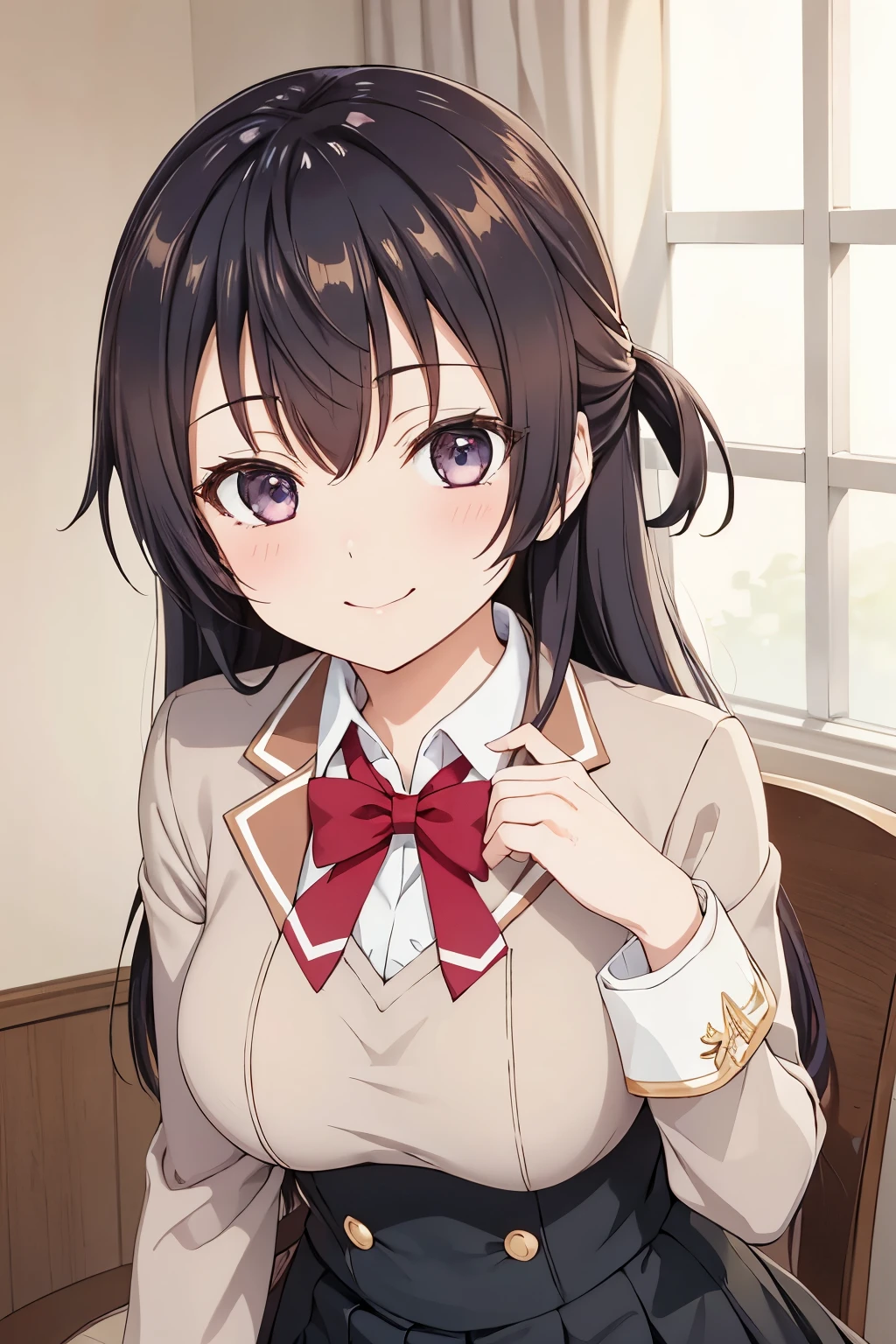   top quality,   , 8k,   upper body,   cute,   from before , Anime,  beautiful breasts,   High Resolution Eye ,   beautiful girl, smile,  mouth, Yuki Suo, uniform, 