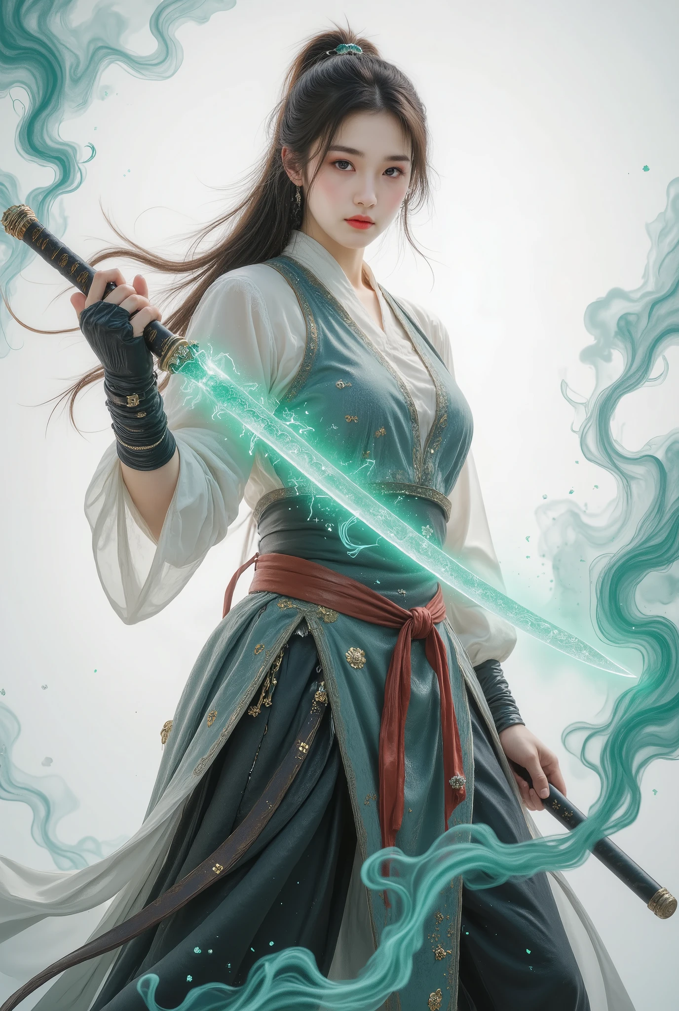 Female swordsman Jade Fractal photography，Atomic Correct,Raw, Lenses, (Clear focus:1.5), (Reality:1.4), Dusk lighting, Volumetric Lighting, Ultra-high resolution, 16K,Dramatic Lighting, White background：1.5），Glowing sword,(fighting stance),Hold the sword hilt tightly in your hand，1 sword，Solitary，（Zentangle，Mandala，Tangles，Entanglement：0.7） , Depth of Field, Dreamy atmosphere, The most beautiful form of chaos, grace, Brutalist design dark theme, Flower of Death, Flowers of ecstasy，glowing line,Glow Example，Tracking example，flash， Backlight，translucent，Light Particles，exit，xianxia