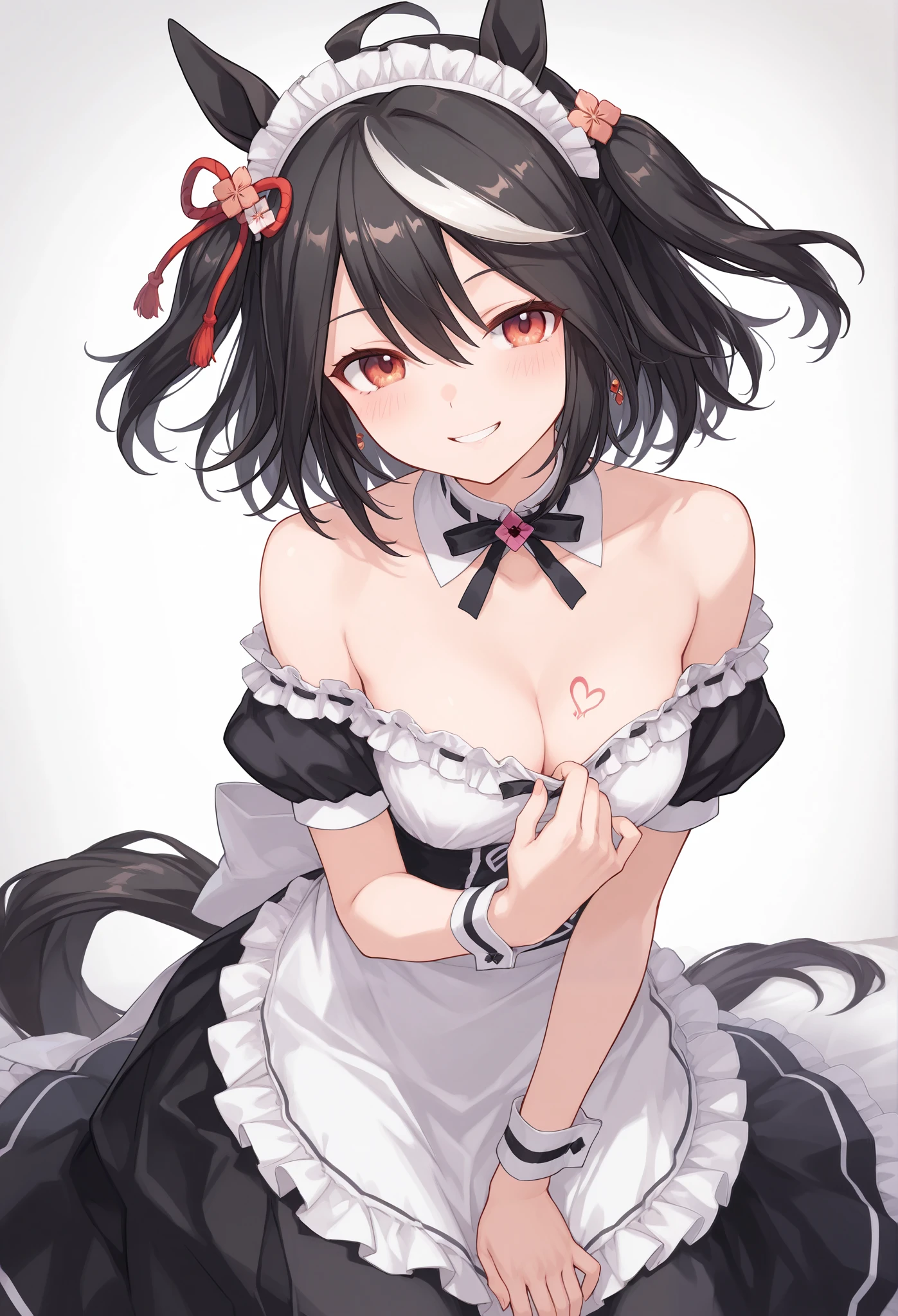 {{{Racecourse:1.6}}} {{{ 【 focuses on the upper body :1.5}}},( high resolution),( high resolution), ( unity 8k wallpaper),( detailed image ), {{{Type Moon :1.7}}},((draw:1.5)), kitasan black \{{{Uma Musume\}}}, ,{Detailed image of the earring on the right },{ seductive smile} \( Uma Musume\),
,{{{ Long Skirt Maid Outfit}}},{{} off shoulder top}}},{{}crazy smile,l}}},{{{}}},{ cleavage},{,{{{ apron}}} {{{wearing a メイド服 with an apron over it}}}