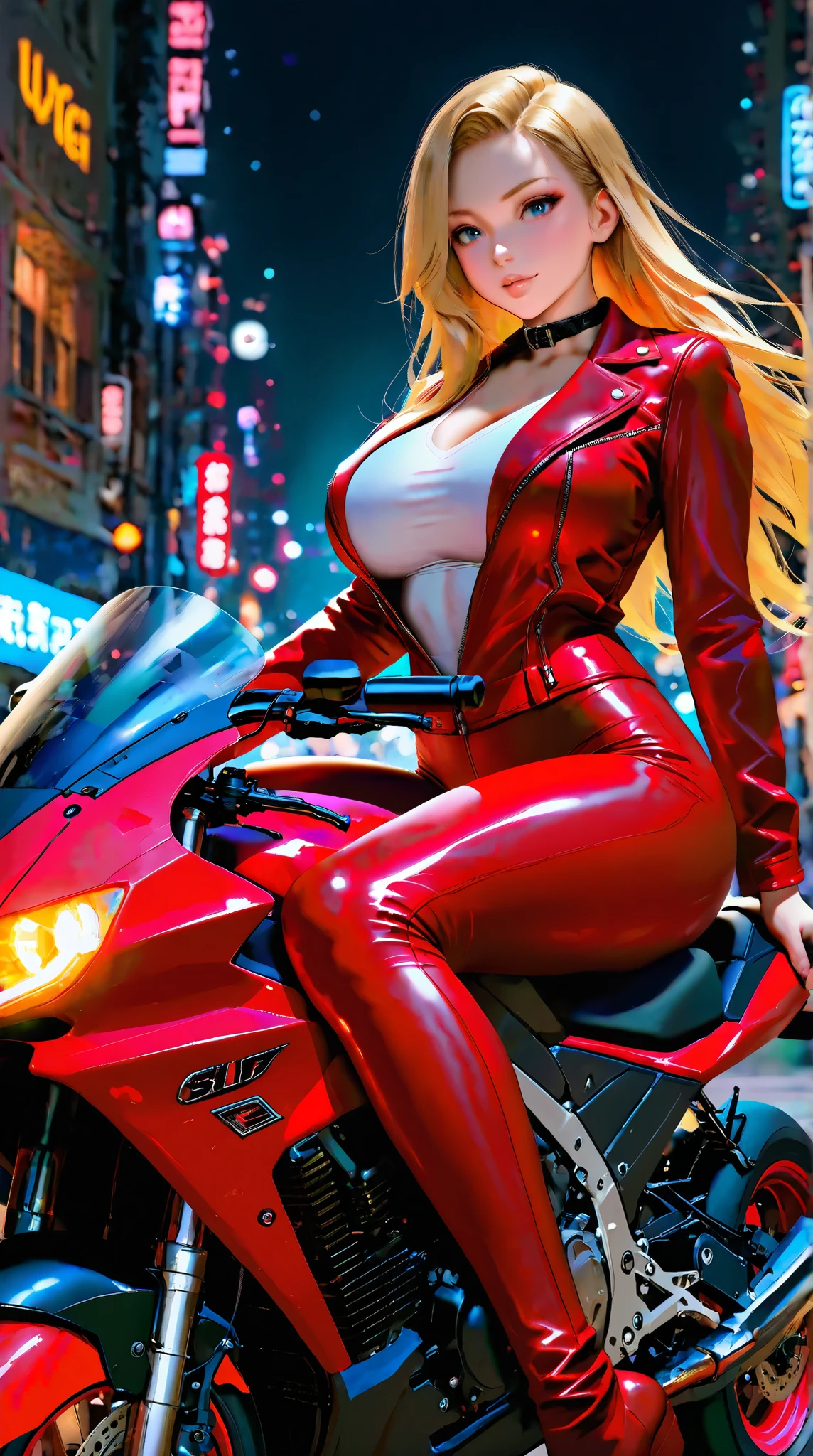 (a young girl,beautiful detailed eyes,blonde hair,beautiful detailed lips,perfect body,fitting red outfit,riding a black motorcycle,portrait,studio lighting,vivid colors)