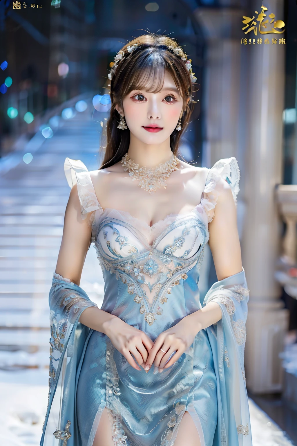 (8k,Very detailed face 1.5,Very detailed clothing details 1.9,intricately details, dynamic lighting,poster for,Photography-grade art)
The goddess elegantly dresses in a grand and cumbersome dress,It makes her figure stand out。The dress is dominated by soft white silk,As pure and white as ice and snow,The skirt is long to the ground,A blend of intricate and delicate patterns and delicate embroidery,It seems to be a carefully painted landscape painting。
(The dress clings to the petite figure of the goddess,The high neck design highlights her nobility。The top part is decorated with jewelry and brilliant crystal ornaments,Each piece of jewelry is carefully set in a meticulous embroidery pattern。From the high neck to the waist,Rows of diamonds surround her body,Shimmering with a charming light。The skirt is fluffy and layered,Composed of countless layers of lace and fine pleats,Exudes a light scent。Each layer of lace is woven with meticulous craftsmanship,The fine patterns and edges of the lace are full of intricate details。The hem is also embellished with ice-blue crystals,It was like a flower of ice and snow swaying gently as she walked。)
Soft hair drapes over your shoulders,Embellished with pearl hair accessories,Elegant and charming。Her makeup is delicate and delicate,No trace。The soft foundation makes her skin fair and delicate,A touch of pink lipstick adorns her lips,It adds a touch of delicateness。Her eyes outline the perfect eye shape with fine eyeliner,The eyeshadow has a gradient of light blue and silvery-white,It was as clear and bright as ice crystals。
Feet on sequined heels,Walk gracefully and calmly on ice。Every step exudes confidence and charm,Her posture is as noble and elegant as that of the Ice Queen。The entire styling details show the elegance and magnificence of the goddess,It's captivating。