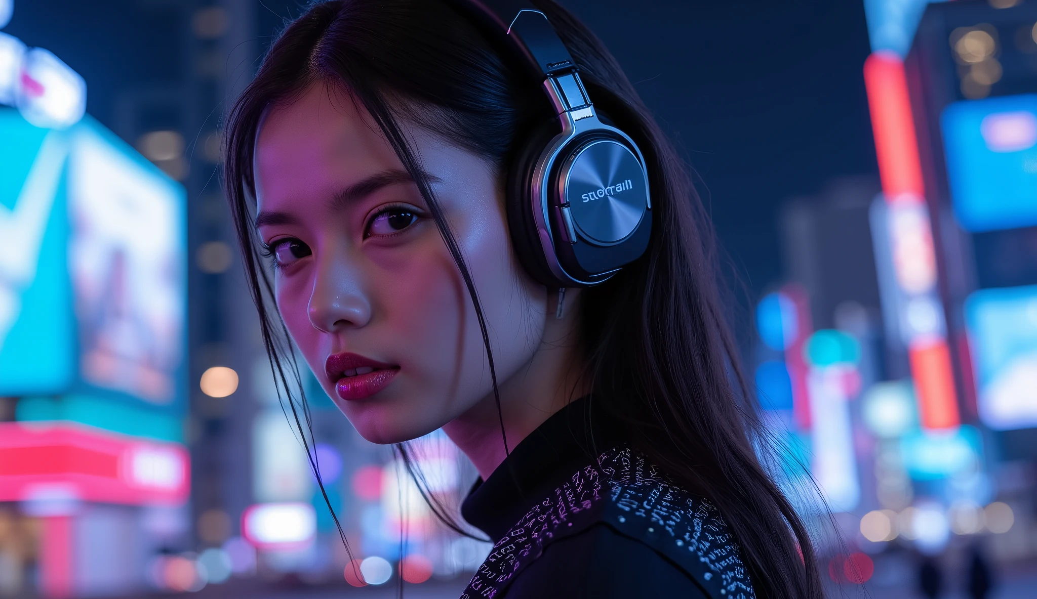 The best photos for TikTok、Beauty、 dynamic angle 、ヘッドフォンをしているBeauty、Night city background with neon lights