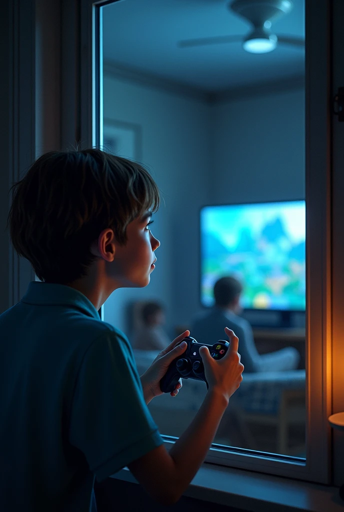 teenage boy playing video games in his room