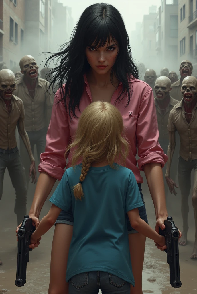 Create a woman with a pink crop top and denim shorts, long black hair with bangs with guns in hands, 3 year old son, blond, slightly voluminous hair, blusa azul, the woman and child are looking from the back of the photo looking at a bunch of ugly zombies.