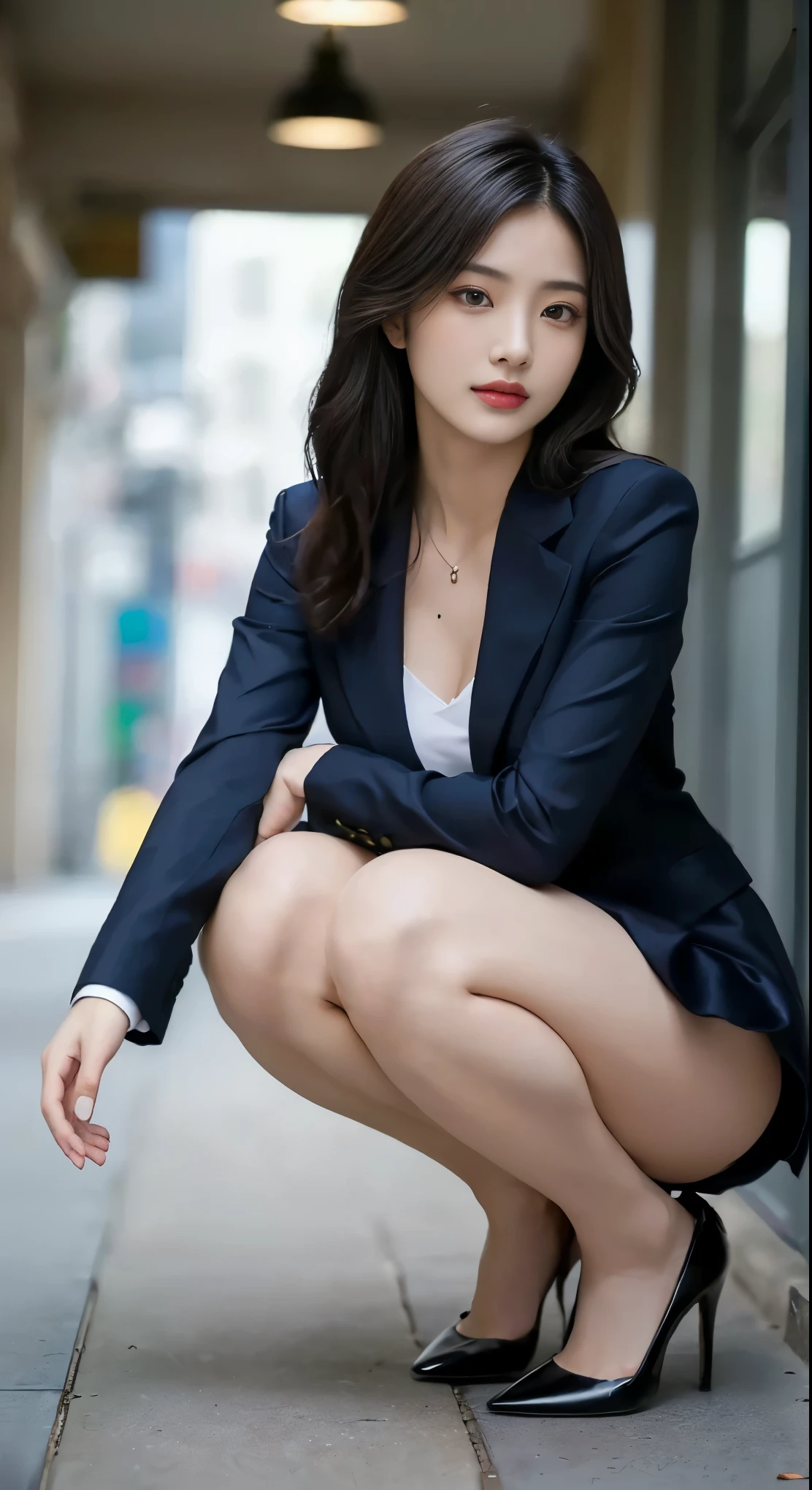 8K, Best Quality, Ultra High Definition, Masterpiece, Realistic, Photorealistic, High Contrast, Photon Mapping, Real Image, Super Detail, Low Angle: 1.5, 1 Girl, Solo: 1.5, Full Body, Urban Sidewalk: 1.5, One Beautiful Lace Queen, Facing Front Facing Crouch and Hands on Crotch, Lace Queen Only Alone: 1.5, Fancy Makeup, Blazer: 1.3, Short skirt: 1.3, Blazer and wearing skirt and high heels, tie, Kamisa: 1.3, Bare feet, High heels, M-shaped leg spread: 1.2, Open crotch: 1.2, 120 degree open legs, Brown hair long hair, Wet white panties: 1.5, Panties visible from under skirt: 1.3, Tall, height is 170 cm, Long legs: 1.2, Beauty face: 1.5, Detailed female pubic shape is clearly visible: 1.2, pubic hair protruding from panties, no panties, textured skin