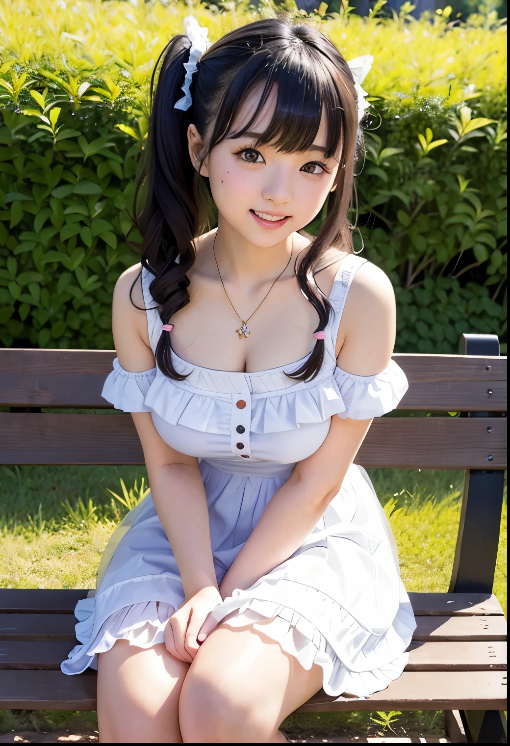 ( top quality, Masterpiece:1.3, Ultra High Resolution ),( very detailed bust 、 caustics) ( is present :1.4, RAW shooting、)Ultra- is present Capture、 very detailed bust 、 natural skin texture 、 Masterpiece、( Japanese wearing a ruffled sequin dress:1.3)、 cute expression 、Expression of happiness、、: 、baby face、 innocent gzingly cute、airstyle 、 curly hair 、ribbon、 black hair、 big breasted with a cross eye、 Glowing Thighs、Shining Ass、 necklace、Photographed in a private garden with sunshine 、Sit on a bench and cross your legs、Background details、smile、 An inviting gaze 、( One girl in front of her is anatomically accurate )、 attention to detail 、 touch the hair with one hand