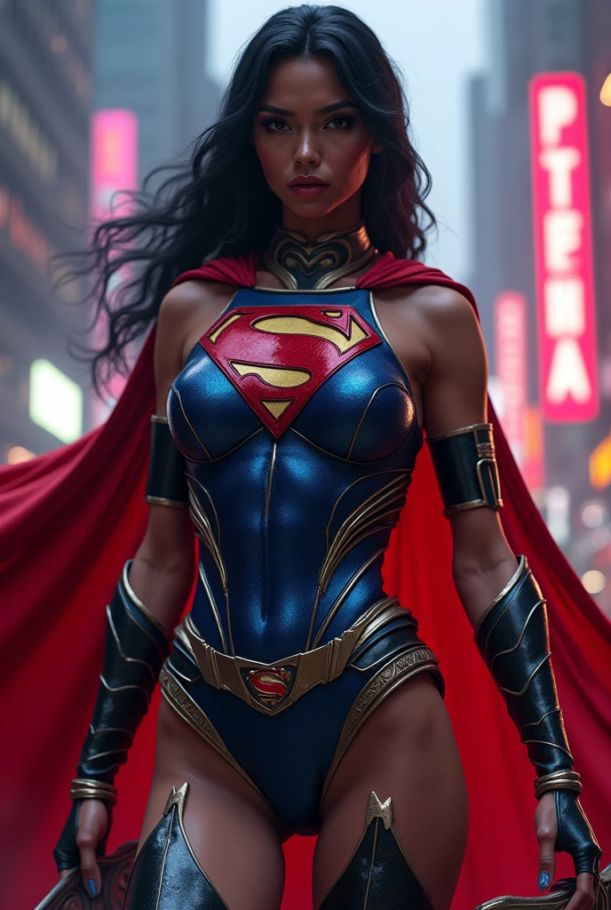 Super Heroine、Beautiful body、Tough face、Muscular and plump body、hero costume、Wavy hair、High definition、Masterpiece、Photorealistic、Smile、pose、Night City