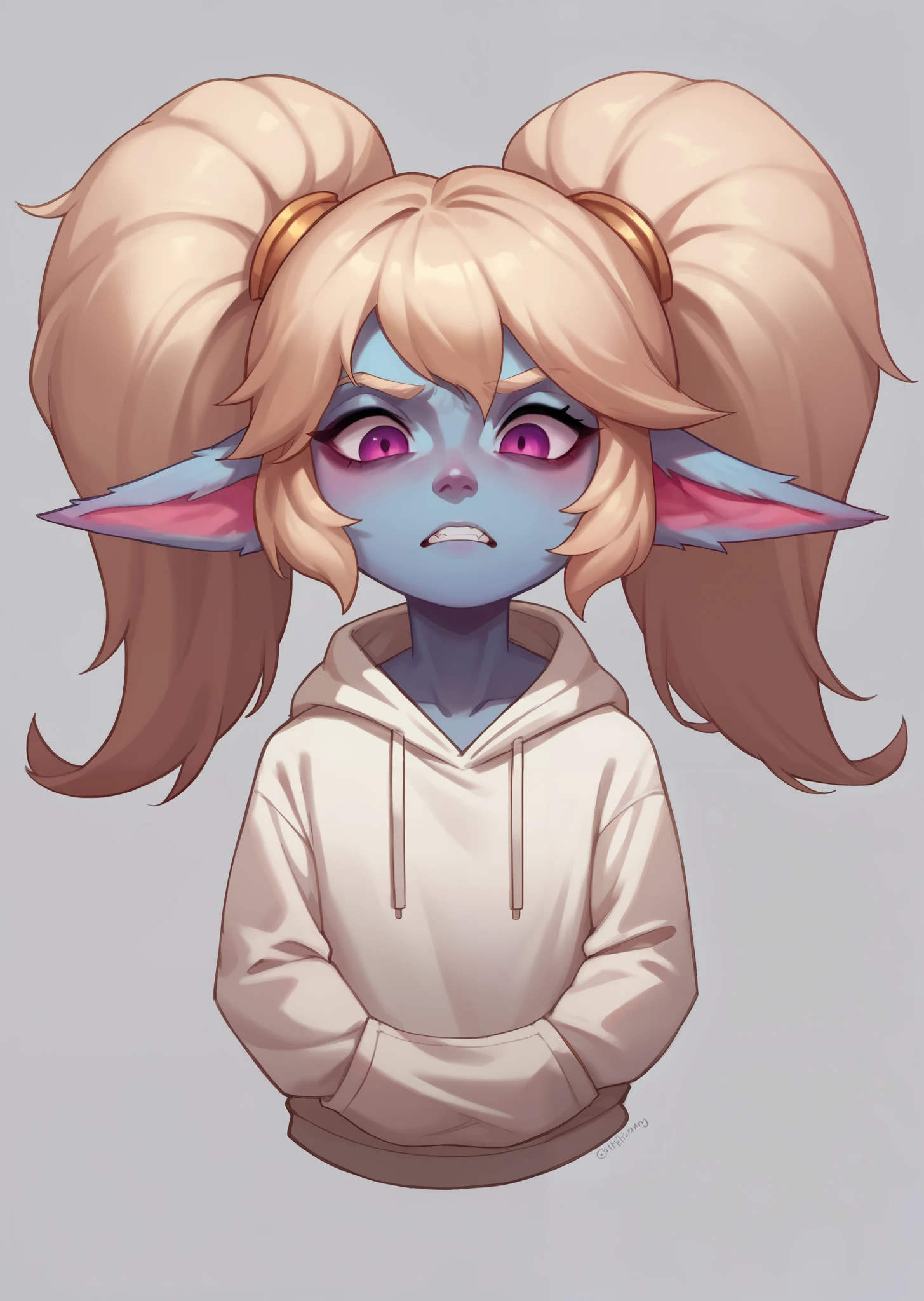 Poppy from league of legends, lofy.lofi.chill.half body full.see all.detailed. in hoodie.white backgroun . see full head.see full hair nothing croop