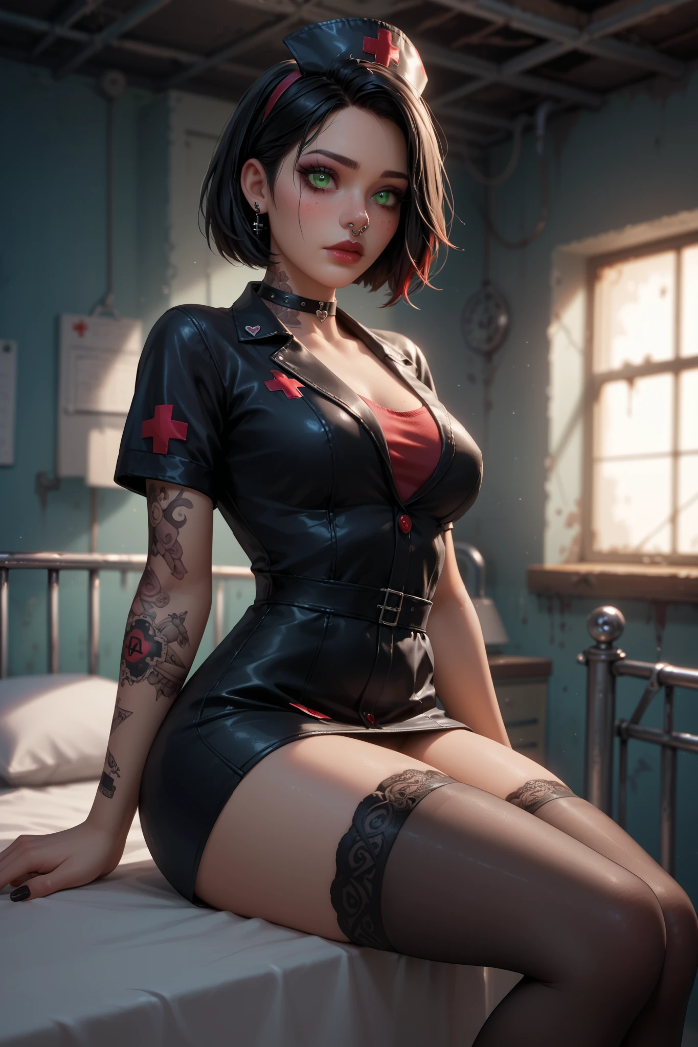 Gothic girl in the image of a nurse, 19 years old, black short hair, third size breasts, perfect figure, dressed in a black nurse's coat, she is in a dark abandoned hospital, detailed green eyes, nose piercing, black stockings, delicate legs, detailed face, body covered in tattoos, Sits on the bedside of a sick patient, dressed in a black nurse's coat, black nurse's gown fitted to the body