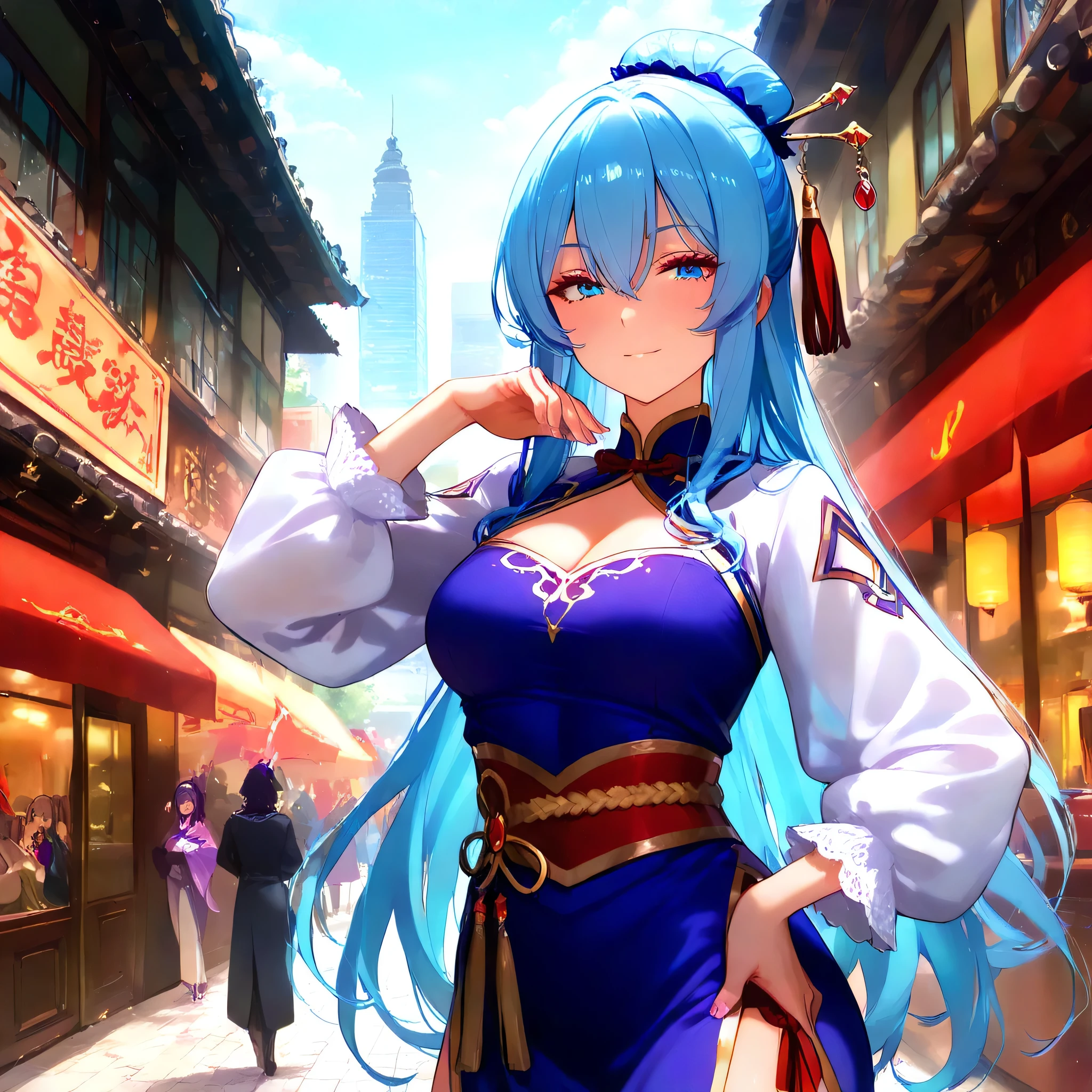 Blue double ponytail,best qualtiy,tmasterpiece,Magic hat,magical staff,1girl,ssmile,closeup cleavage,quadratic element,8k