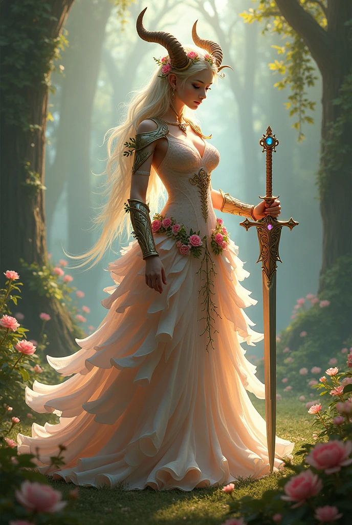 (Outstanding、Professional、Surreal)、Detailed sword, Ivory texture,Gemstone Setting，Rose wraps around、Red Rose、in woods