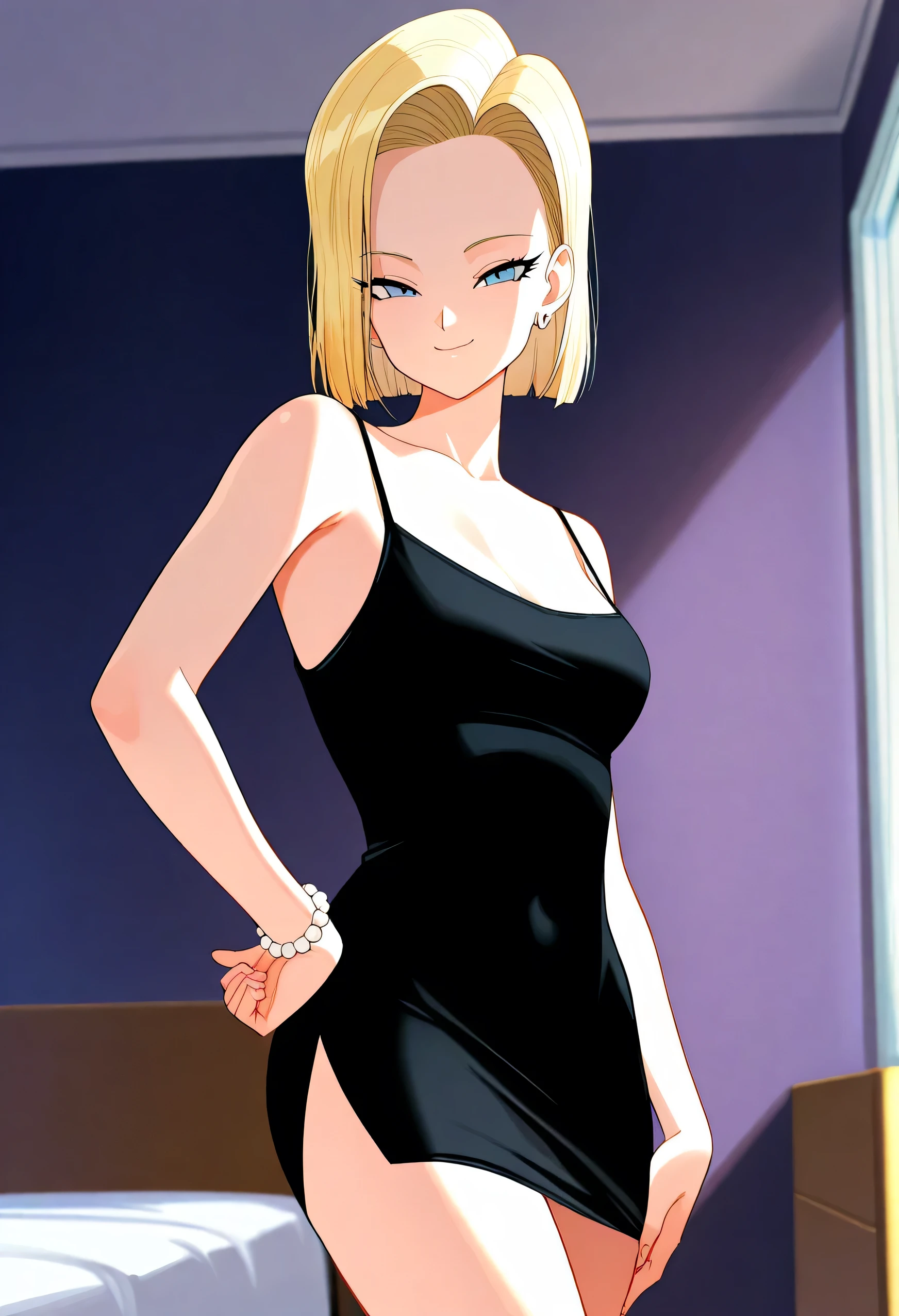 masterpiece,best quality, bedroom, indoors, a18, 1girl,solo, blonde hair,light blue eyes, short hair, seductive smile, medium breast, bare shoulders, a black taut dress, a black spaghetti strap dress, a short black dress, looking at viewer, upper body, closed mouth, one hand on hip, arm down, eyelashes, white earrings, white bean bracelets, cowboy shot