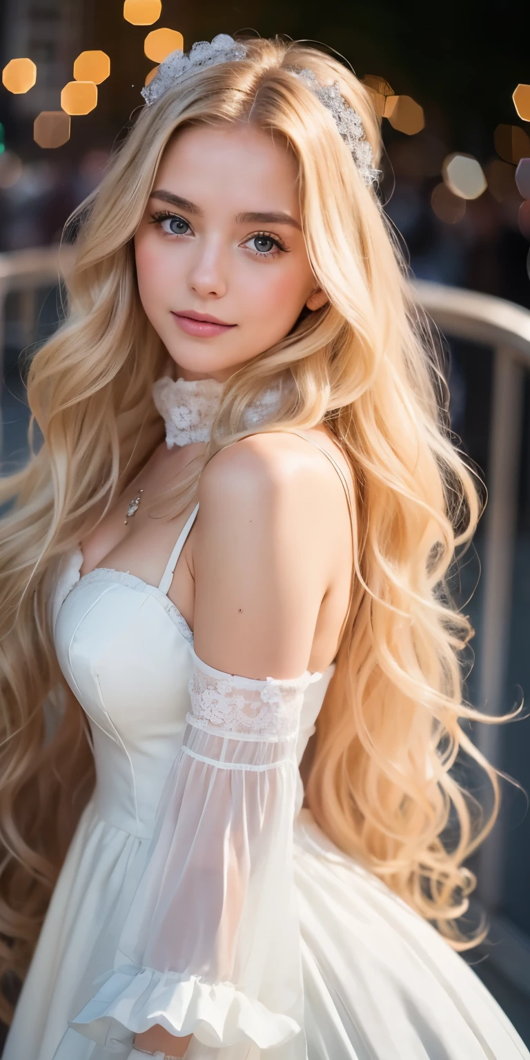 Photo of a 20-year-old European girl, raw, Beautiful woman, (Long wavy blonde hair), ((Portrait)), ((Detailed face:1.2)), ((detailed facial features)), (finely detailed skin), pale skin,Park, London Ferris Wheel、Dresses with fluffy sleeves、A sexy(cold color), moist, moist, Reflectors, (masutepiece) (perfectly proportions)(photos realistic)(Best Quality) (Detailed) photographed in a Canon EOS R5, 50mm Lens, F/2.8, nffsw, (Grinning) (Wallpaper) (Cinematic lighting) (Dramatic Lighting) (foco nítido) (Convoluted) Fashion, From  above