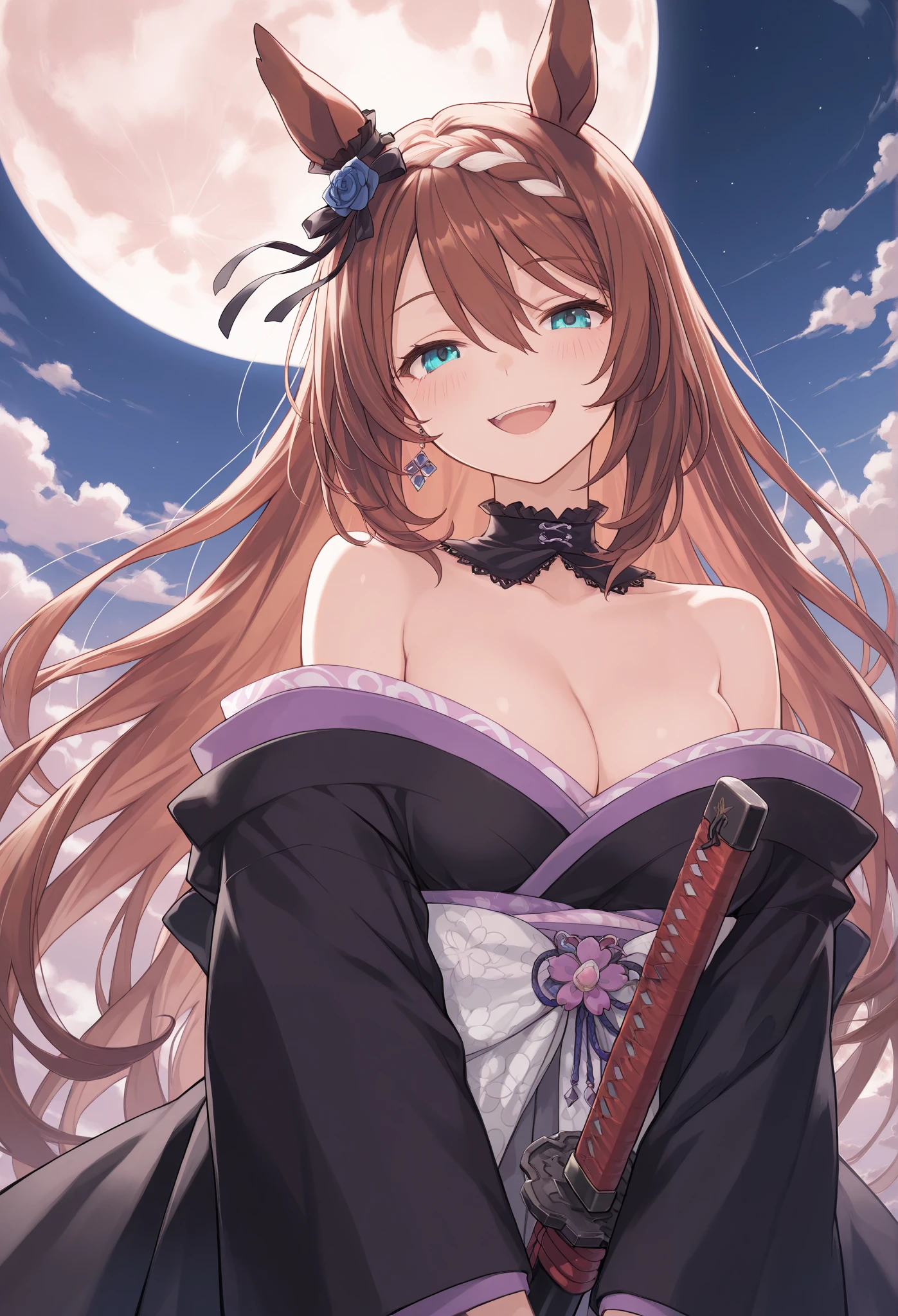 {{{Racecourse:1.6}}} {{{ 【 focuses on the upper body :1.5}}},( high resolution),( high resolution), ( unity 8k wallpaper),( detailed image ), {{{Type Moon :1.7}}},((draw:1.5)), Super Creek \{{{Uma Musume\}}}, ,{Detailed image of the earring on the right },{ seductive smile} \( Uma Musume\),
,{{{{ off shoulder top}}},{{{crazy smile}}},{{{Demon King:1.6}}}},{{heavy cloak with collar }}},{{{ kimono}}}:{{{Demon Horns}}},{{{ big Japanese sword}}},{Onigashima},{full moon and clouds}