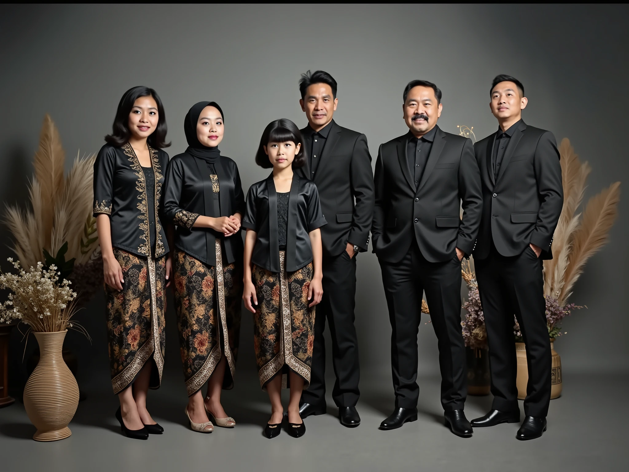 Stunning UHD photos of the entire body of an Indonesian family elegantly dressed for a special occasion. Six member. Standing in middle there is a girl wearing black kebaya and batik bottom, beside her there is a parent aged 50, father wearing black suit and mother wearing same black kebaya with hijab. Beside them there is a woman aged 23 wearing black kebaya with batik bottom and two man aged 25 wearing black suit. They are standing together. Background in the studio photo with grey, good lighting, UHD photo.