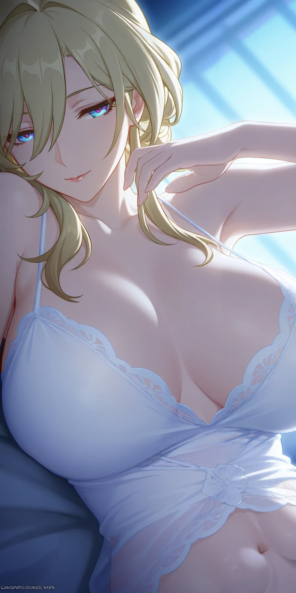 masterpiece, best quality, mature woman, milf, blonde hair, chignon hair, camisole, honkai: star rail cg style, upper body, dynamic lighting, blue light, white colour costume in nice printed pattern.side view. light transparent dress, tight breast , net style blouse, body front view.