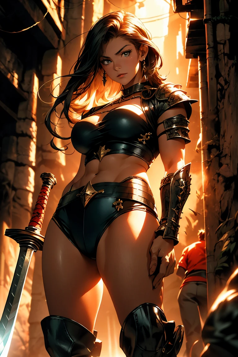 High quality 8k full body image 2.0 neutral lighting. Sensual warrior around 30 years old, big ass, dark skinned, Full lips, abundant afro-type hair, Very toned arms and legs, small waist wide hips perfect buttocks perfect big bust marked abs wearing a tight black and gold berserker armor with very intricate details, holds a flaming sword in defensive mode, His gaze reflects the experience of many battles,