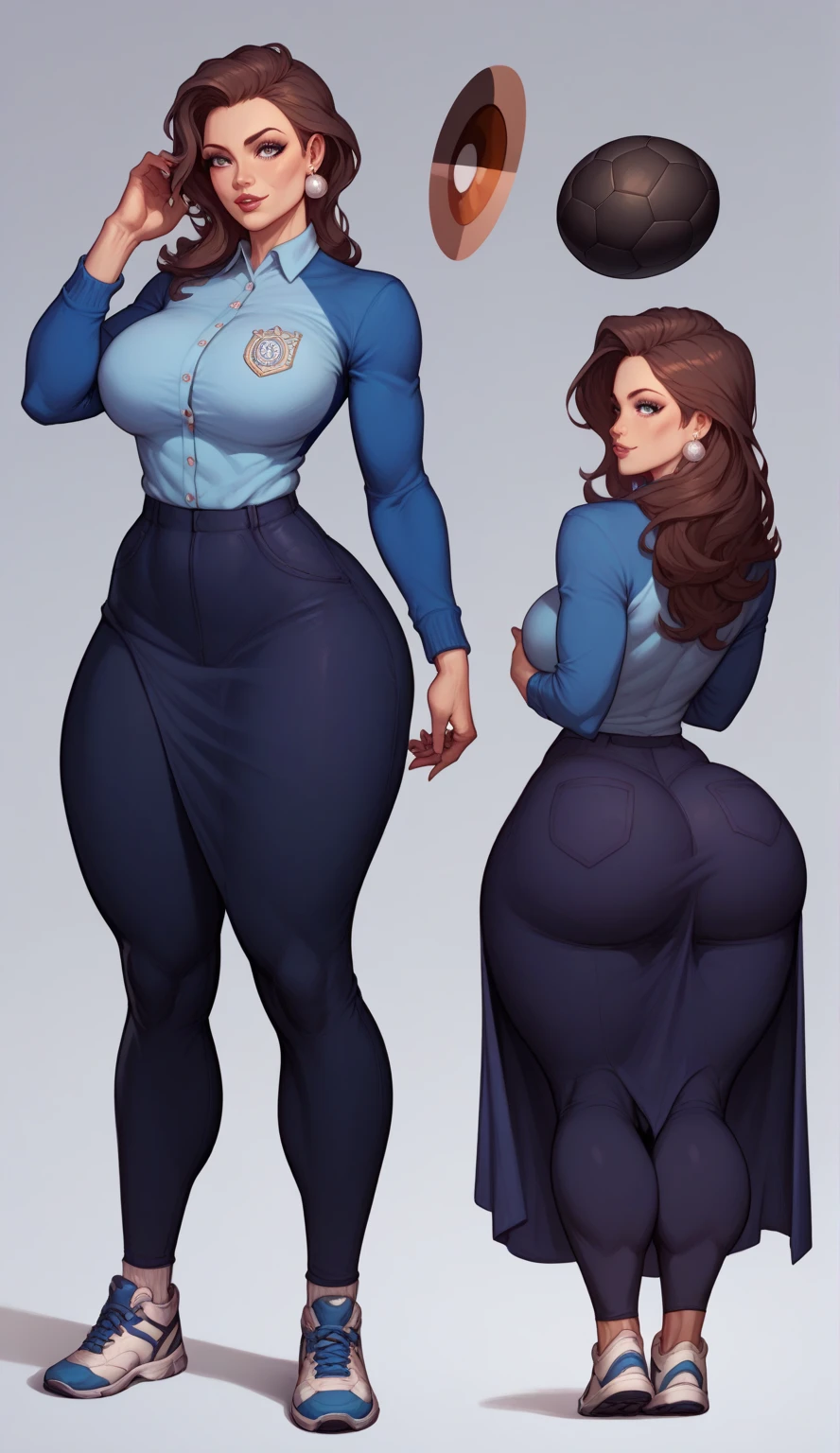 scrtt-fc, (((character chart)))1girl ,from_behind, leggings,  ,pawg, 1girl, supermodel, woman, oversized business suit with jacket, large ass, red long curly hair, masterpiece, best quality, high heels, full body,white background, studio, looking away, covered by hair,(huge lips:1.3) and (gigantic lips:1.3) and (massive lips: 1.3) (silicon lips:1.3) and (parted lips:1.3), (thick lips:1.3), (large breasts:1.2) and (gigantic breasts:1.2) and (huge breasts:1.2) , wide hips, thick thighs, art by Cedric Peyravernay and donato giancola