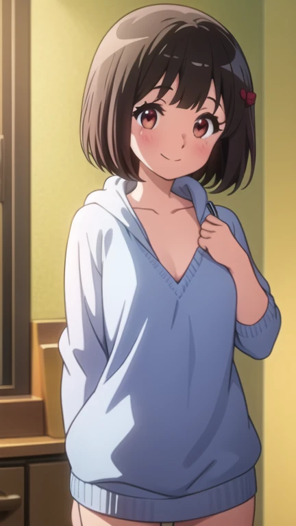   girl,  alone, smile,  brown hair,  short hair,   virgin killer sweater , virgin sweater , chest