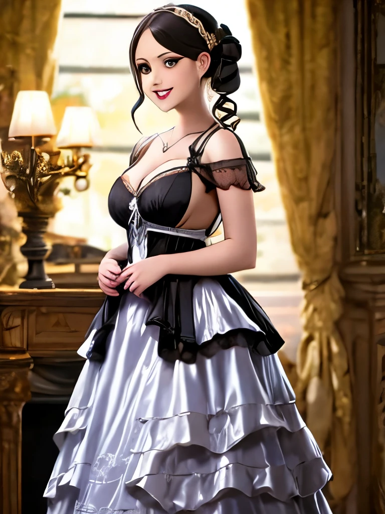 Not suitable for working hours, (saliva:1.3), (1.3),(Smile),(Open, vivid, high quality:1.3),(Rococo architecture:1.2),(Castle balcony:1.5), Dynamic Angle,((1 Girl, Purple Sheer Pleated Mini Dress , Maximum resolution)), (Nice illustration),(Half long beautiful hair),(Looking at the audience),innocent Smile,light,White knee socks,Lace Chalk, Wristband,Wristband, White fingerless gloves, earrings,sky,蓝sky,Large Breasts,Red lipstick,((Full and soft breasts,)))(((Large Breasts))) (((Cleavage)))