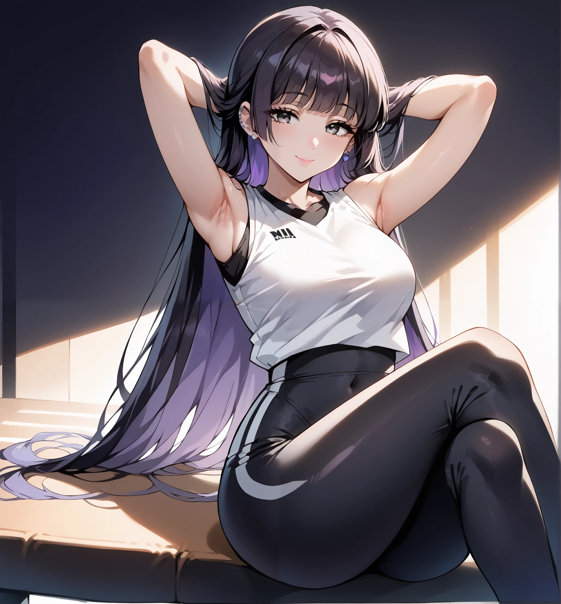 score_9, score_8_up, score_7_up, source_anime, 4K,perfect fingers,(perfect hands, perfect anatomy),prefect lighting, very aesthetic, intricate details,highly detailed background, masterpiece, high quality, best quality,
1girl,solo,pasan, pasan, black hair, blunt bangs, blunt ends, chin piercing, colored inner hair, ear piercing, grey eyes, hime cut, long hair, medium bangs, multicolored hair, piercing, purple hair, mature female, large breast,
wearing ((gym outfit, White vest, sexy, Bare waist, Bare shoulders,Black Yoga Pants, Long legs, )),,
: o,happy,Half-Closed eyes, (sexy pose, alluring pose, seductive pose:1.2),(sitting, pov, facing viewer, straight-on:1.2), arms behind head,