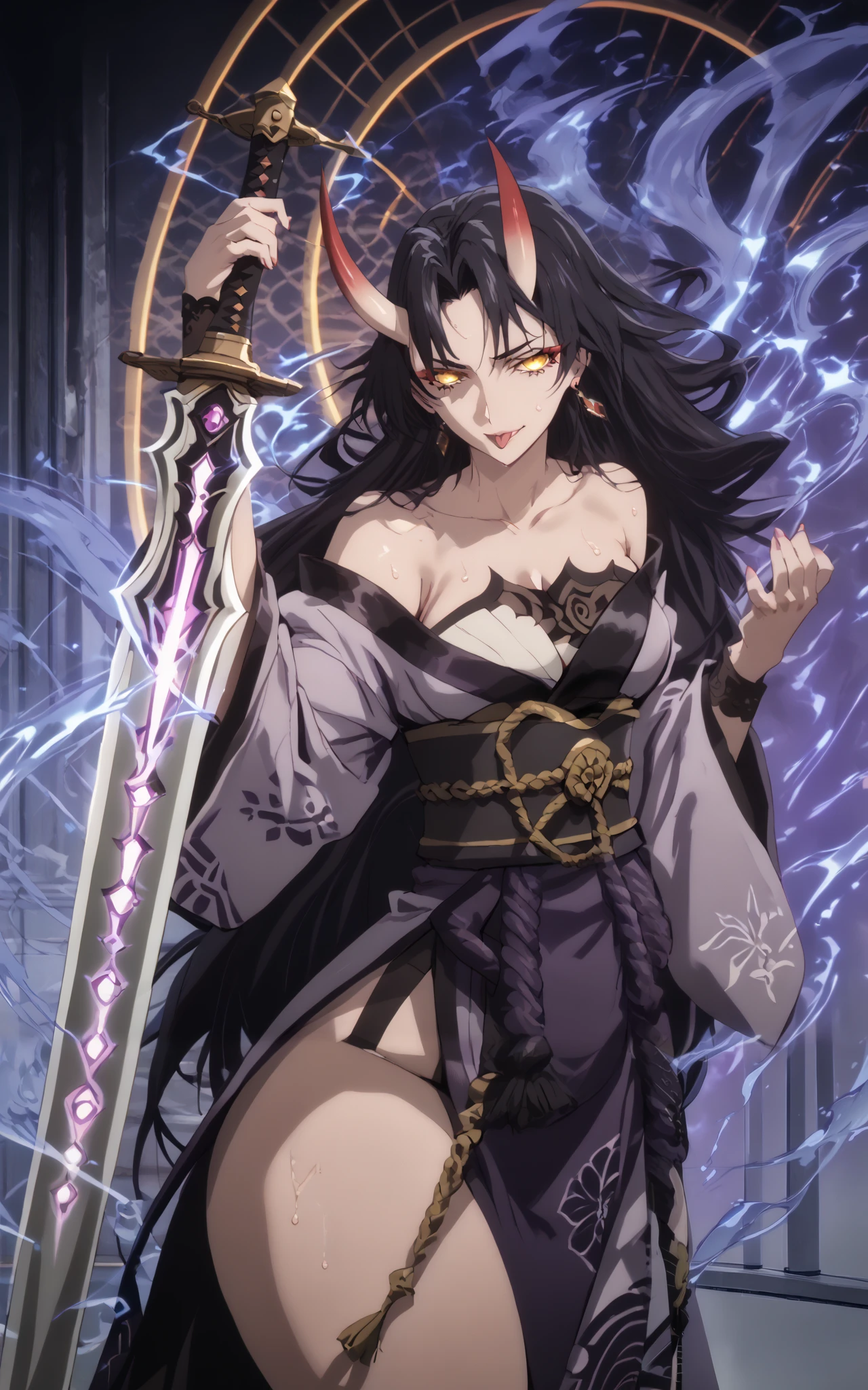 score_9, score_8_up, score_7_up, score_6_up, uncensored, dominique de sade, long hair, black hair, parted bangs, yellow eyes, black pupils, anime coloring, anime screencap, (voluptuous:1.3), (thick:1.3), BREAK UHD, retina, masterpiece, accurate, anatomically correct, textured skin, super detail, high details, high quality, award winning, best quality, highres, 4K, excessive sweating, sweating, sweating drop, (gasping, heavy breathing:1.3), (skindentation:1.2), perfect eyes, beautiful eyes, eyelashes, makeup, detailed body, perfect body, BREAK, eyeliner, breasts, makeup, japanese_clothes, magatama, weapon, sword, kimono, bare_shoulders, smile, tail, looking_at_viewer, jewelry, navel, wide_sleeves, purple_kimono, tongue_out, cleavage, earrings, tongue, sash, thighs, revealing_clothes, bracelet, obi, detached_sleeves, collarbone, smirk, off_shoulder, (aura:1.4), oni, oni horns, multiple horn, glow effect, glowing