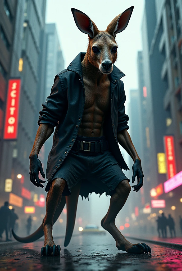 ((best quality)), ((ultradetailed)), ((masterpiece)), illustration, Scene structure: Animal anthropomorphic rats as poppers, gray rat faces and human bodies. The fur is black, his eyes are blood-red, his expression is fierce, his movements are exaggerated, he is muscular, wears a white suit, wears exaggerated sunglasses, and is full body portrait. Behind you are tall buildings and neon flashes. Tip composition: rat gangster, animal anthropomorphism, tattooed body, muscular, cityscape, tall buildings, neon signs