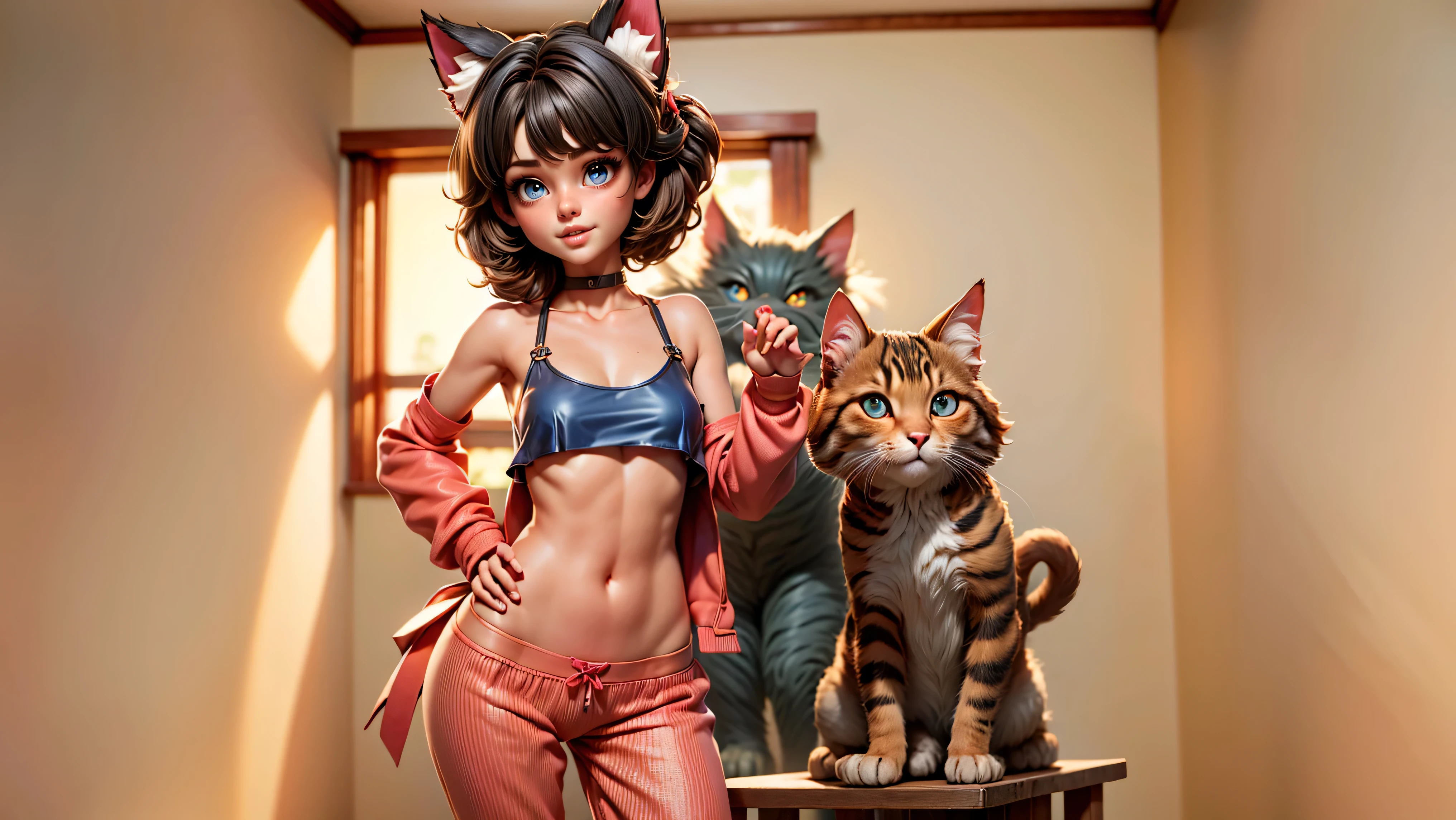 ((1girl, solo)), ((single young girl)), cute girl, (neko), kitten girl, cat ears, ((standing in her pajamas getting ready for bed)), ((skinny, petite)), ((short hair)), ((black hair)), ((streaks in her hair)), ((small top)), midriff, ((pajamas)), underboob, looking at viewer, choker, sexy, skirt low on hips, cowboy shot, (full body portrait), beautiful lips, sexy mouth, ribbon, hair ribbon, bangs, upper body, blue eyed, bangs, ribbon, bedroom background,