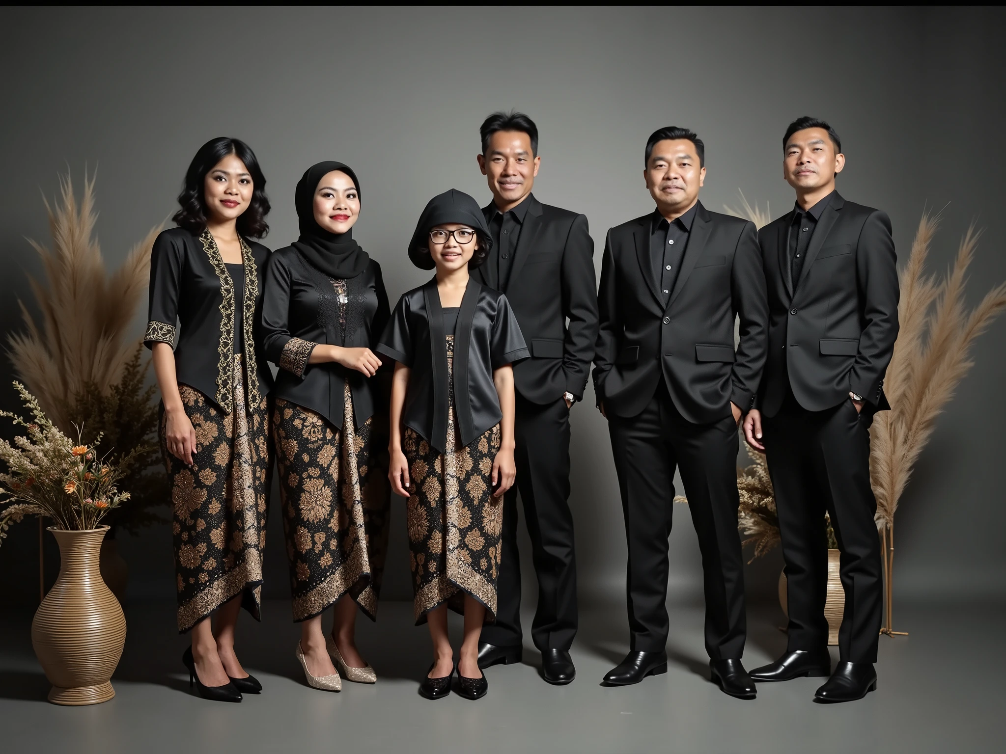 Stunning UHD photos of the entire body of an Indonesian family elegantly dressed for a special occasion. Six member. Standing in middle there is a girl wearing black kebaya and batik bottom, beside her there is a parent aged 50, father wearing black suit and mother wearing same black kebaya with hijab. Beside them there is a woman aged 23 wearing black kebaya with batik bottom and two man aged 25 wearing black suit. They are standing together. Background in the studio photo with grey, good lighting, UHD photo.