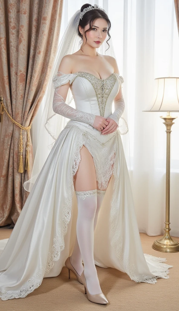 1girl,solo,church, holding flowers,(full body:1.3),thigh gap,standing,jewelry,necklace,white dress,wedding dress,, (masterpiece, best quality, hires, high resolution:1.2), (extremely detailed, realistic, intricate details, highres), 3d, cg, shiny skin,blush,, eyeliner, eyeshadow, eyelashes,, (gigantic breasts, saggy breasts:1.1), (cinematic lighting, sunlight, volumetric), looking at viewer,vintage fantasy,from below