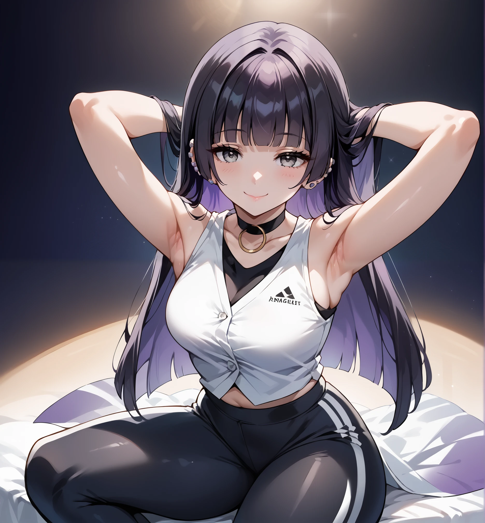 score_9, score_8_up, score_7_up, source_anime, 4K,perfect fingers,(perfect hands, perfect anatomy),prefect lighting, very aesthetic, intricate details,highly detailed background, masterpiece, high quality, best quality,
1girl,solo,pasan, pasan, black hair, blunt bangs, blunt ends, chin piercing, colored inner hair, ear piercing, grey eyes, hime cut, long hair, medium bangs, multicolored hair, piercing, purple hair, mature female, large breast,
wearing ((White vest, sexy, Bare waist, Bare shoulders,Black Yoga Pants, Long legs, )),,
: o,happy,Half-Closed eyes, (sexy pose, alluring pose, seductive pose:1.2),(sitting, pov, facing viewer, straight-on:1.2), arms behind head,