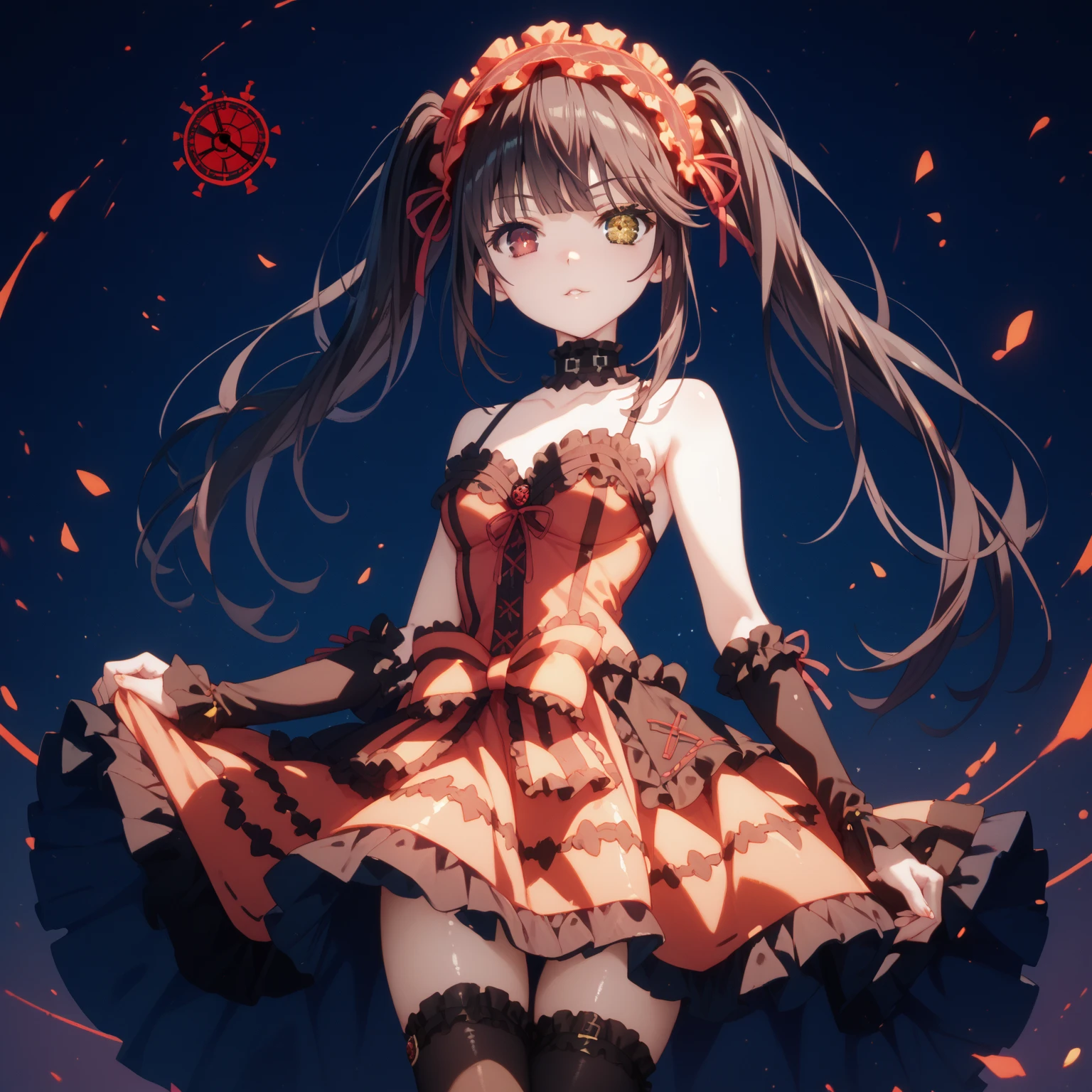 kurumi tokisaki, long hair, twintails, heterochromia, yellow eyes, clock eyes ,symbol-shaped pupils, dress, hairband, black thighhighs, thigh gap, glossy skin, glistening skin, looking at viewer, Tempting body