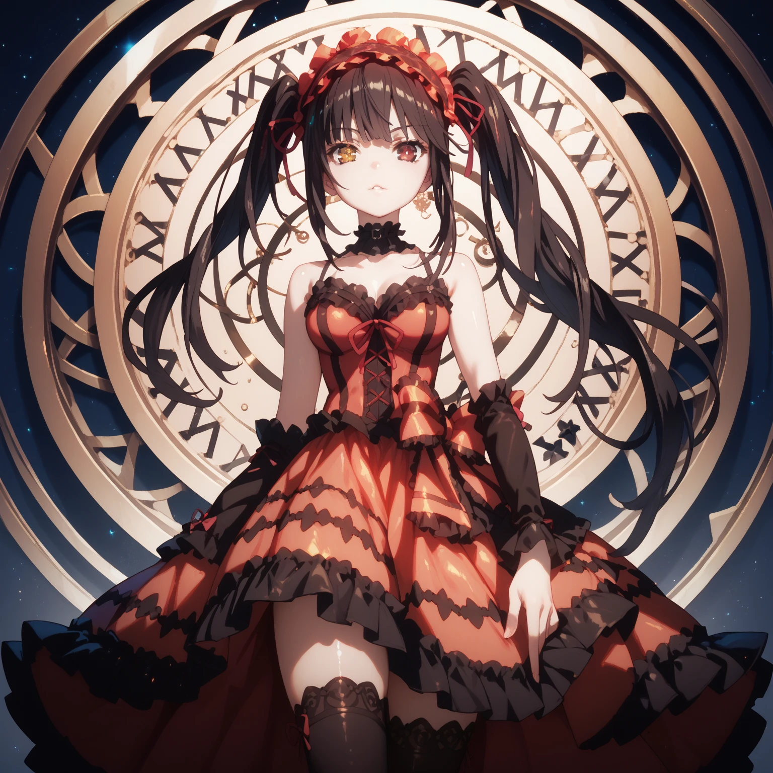 kurumi tokisaki, long hair, twintails, heterochromia, yellow eyes, clock eyes ,symbol-shaped pupils, dress, hairband, black thighhighs, glossy skin, glistening skin, looking at viewer, Tempting body